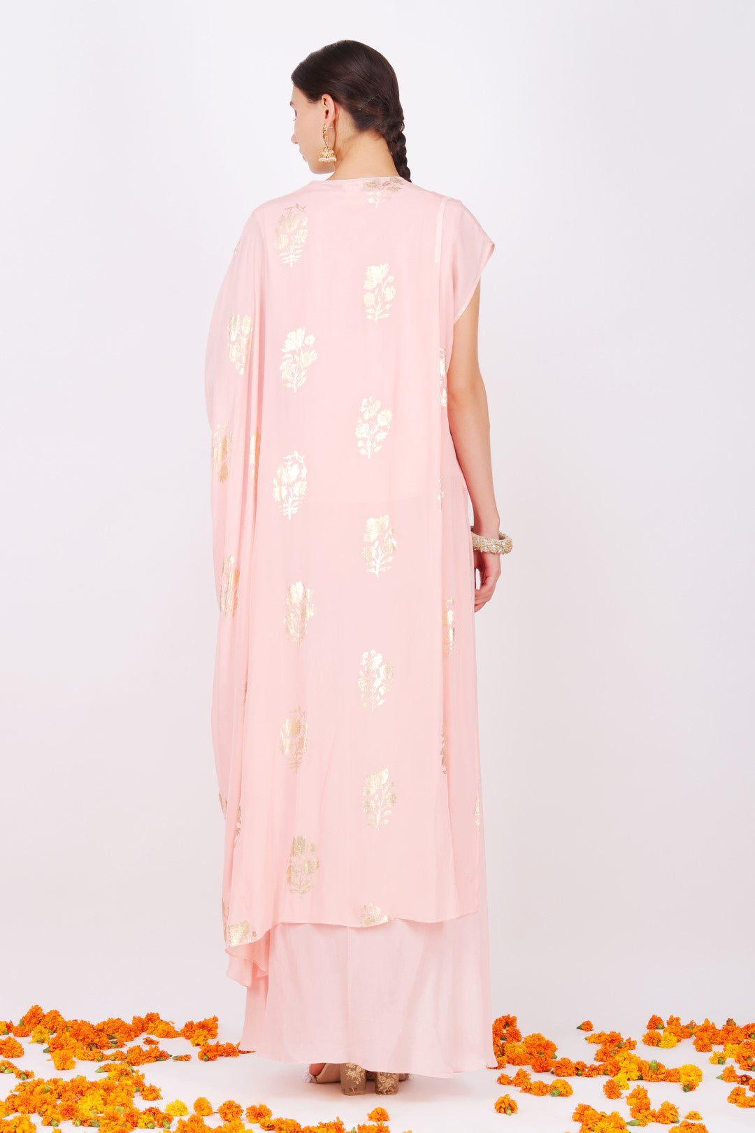 Rose pink crepe foil printed raised neckline one shoulder kaftan tunic with Rose pink crepe cowl skirt.
