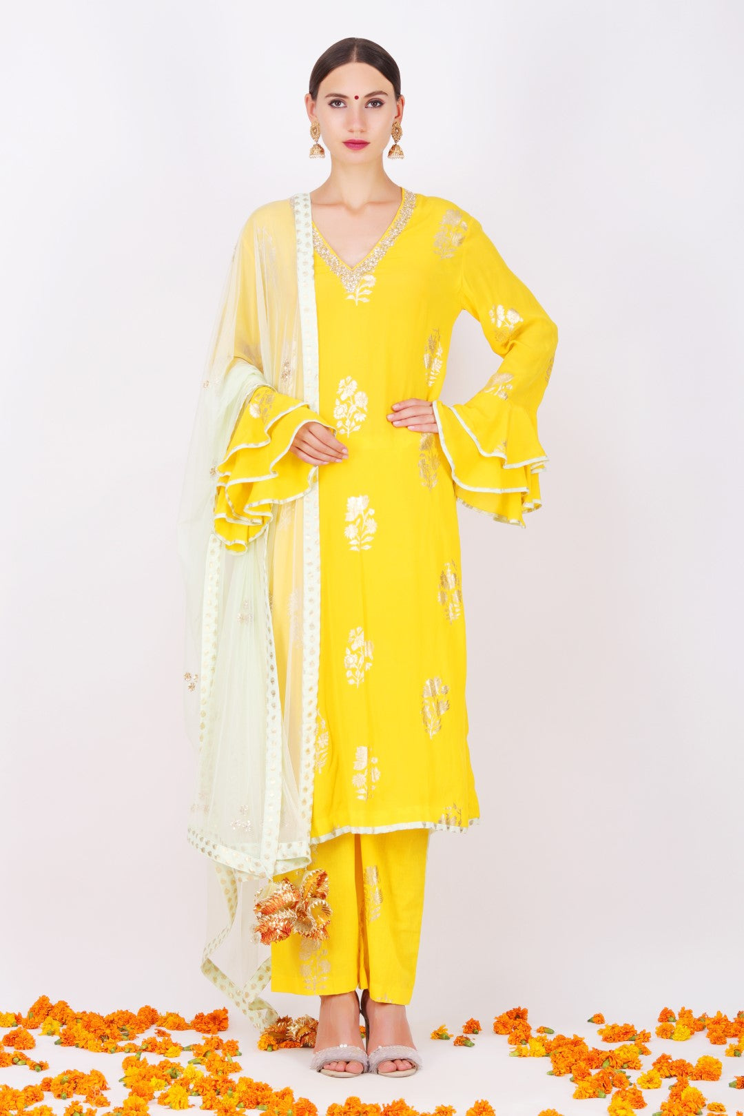 Yellow crepe jaipuri guldasta foil printed straight kurta with guldasta foil printed straight pant and pista net embroidered dupatta