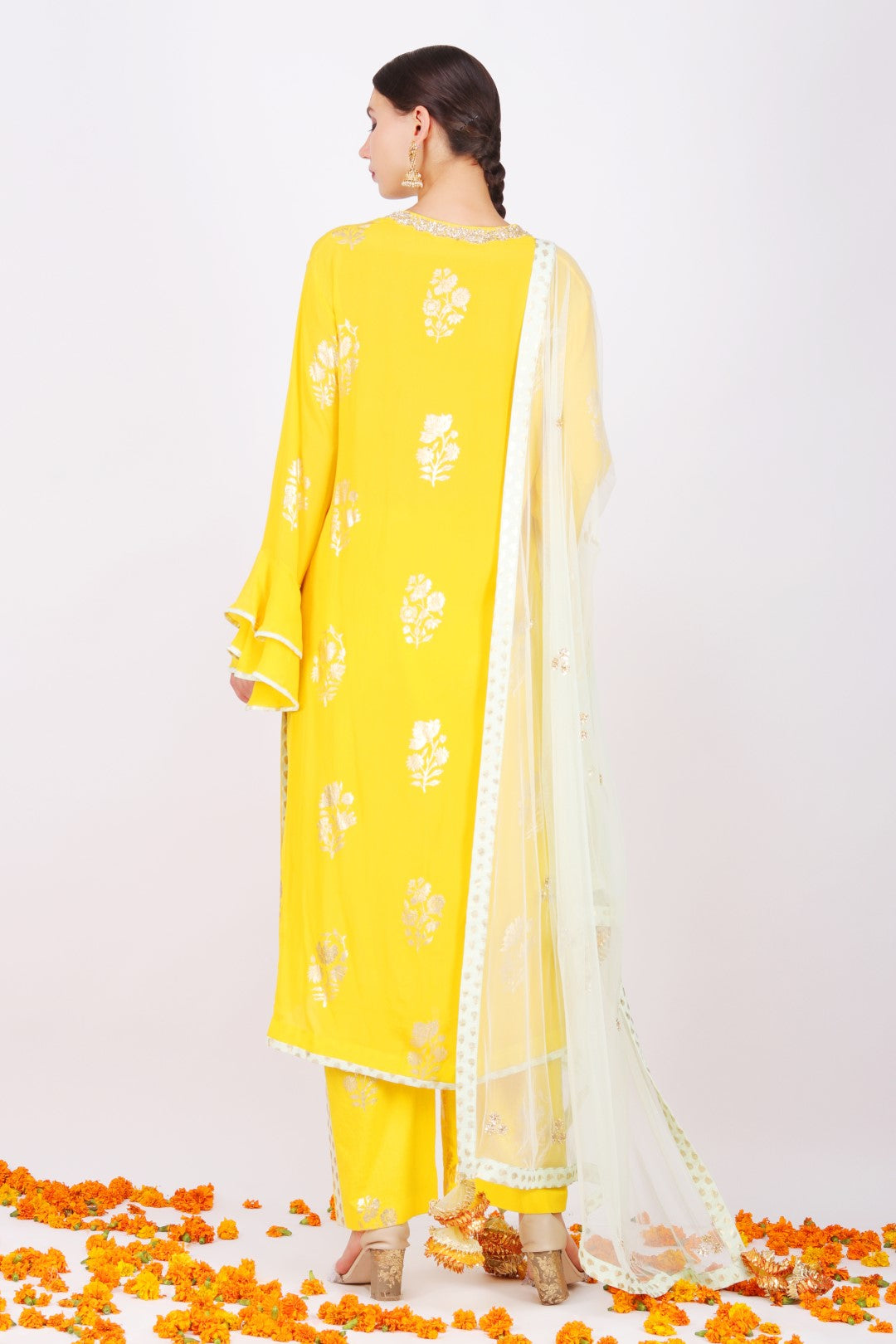 Yellow crepe jaipuri guldasta foil printed straight kurta with guldasta foil printed straight pant and pista net embroidered dupatta
