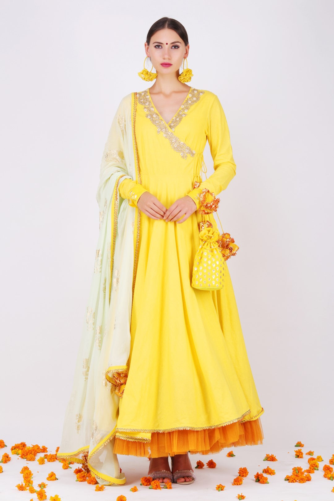 Pitambari yellow cotton angrakha with printed georgette dupatta and churidar.