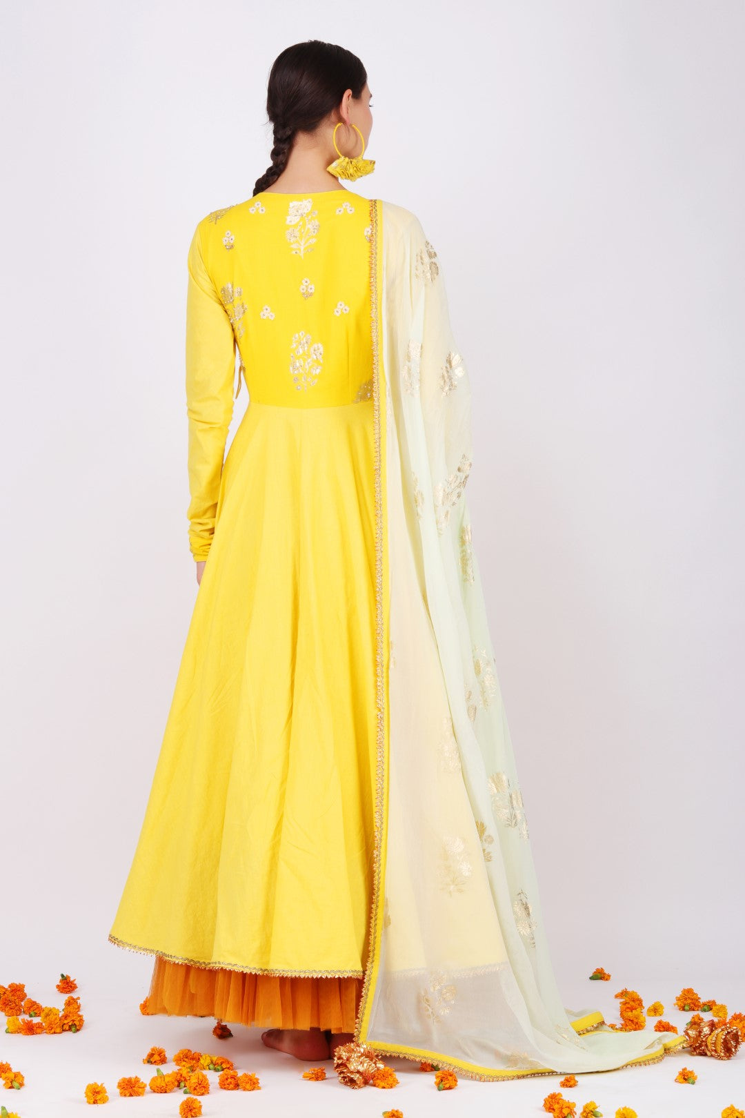 Pitambari yellow cotton angrakha with printed georgette dupatta and churidar.
