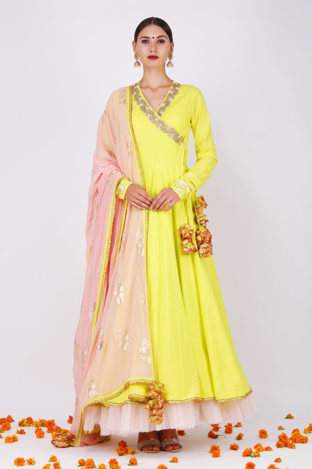 lime green cotton angrakha with rose pink gold printed georgette dupatta and churidar.