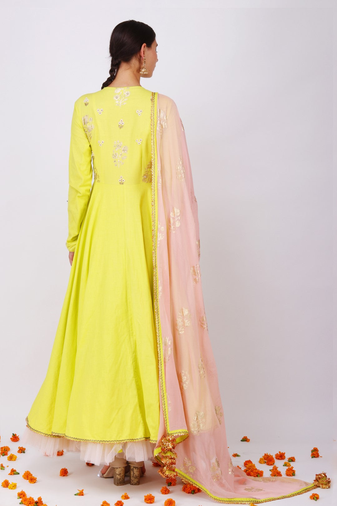lime green cotton angrakha with rose pink gold printed georgette dupatta and churidar.