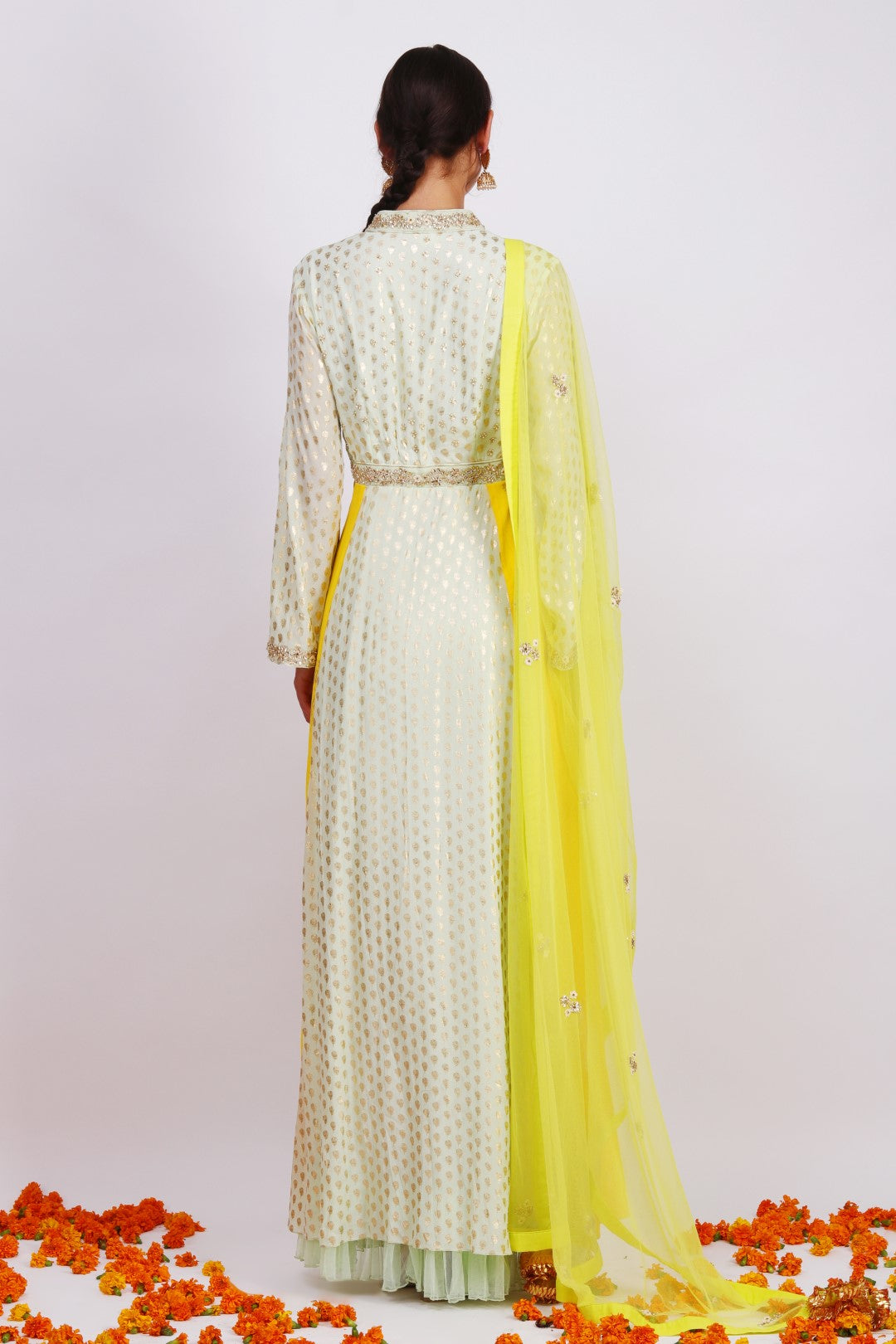 Pista jasmine bud foil  printed raised neckline kalidar with net embroidered dupatta and churidar.