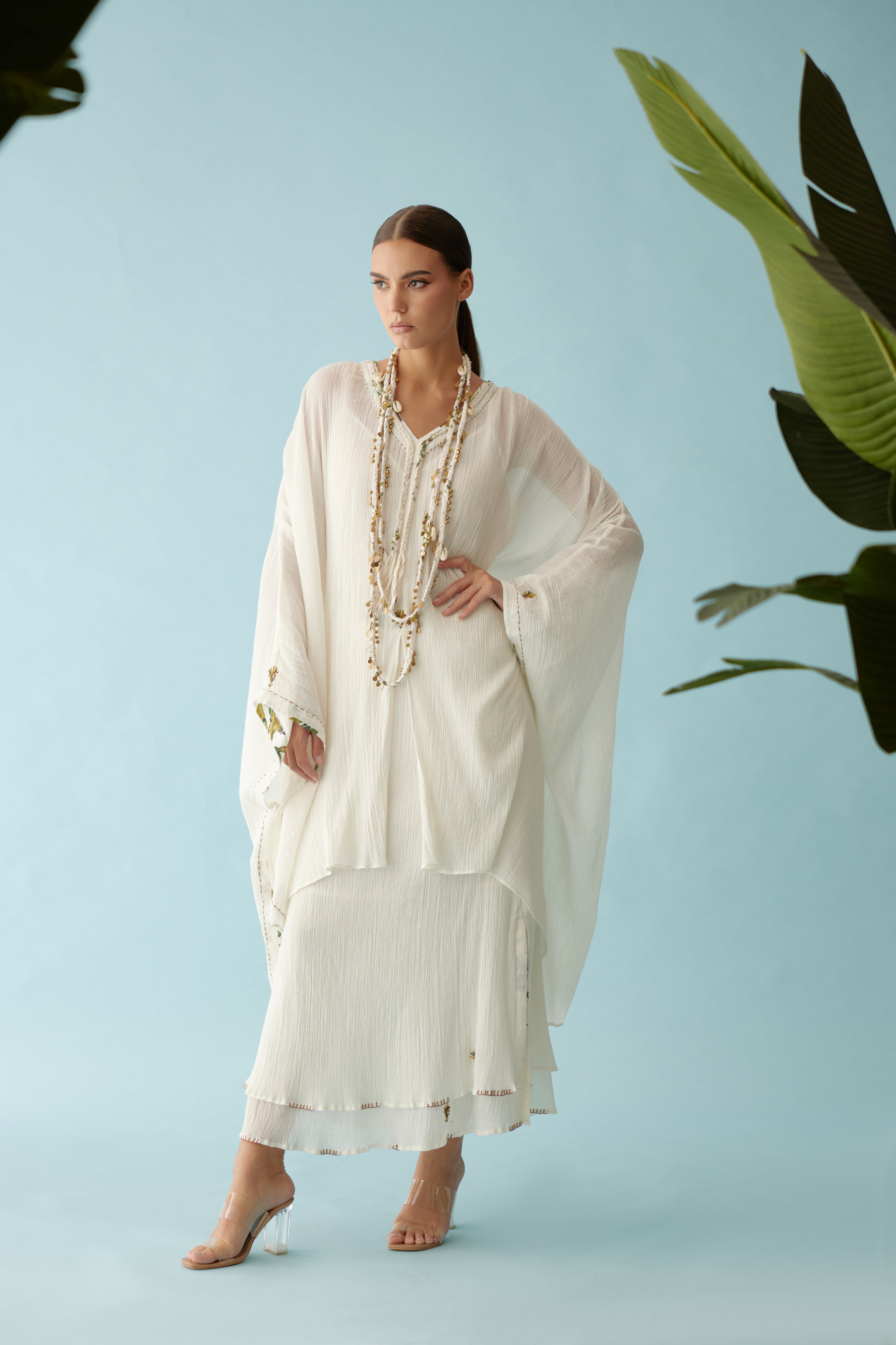 Off-white hand braided tassels and banana tree applique co-ord sets
