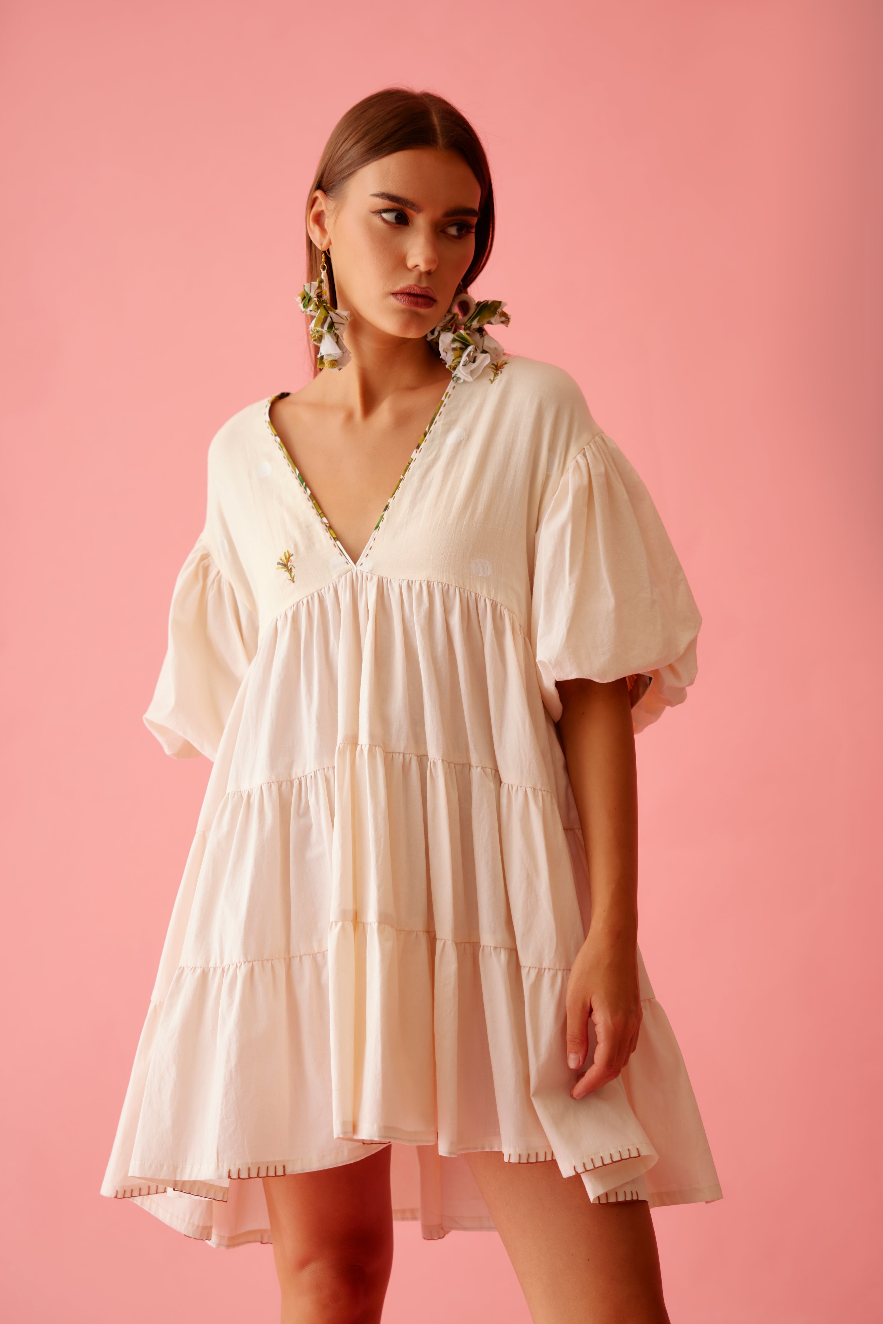 Cream solid bubble sleeves tier dress