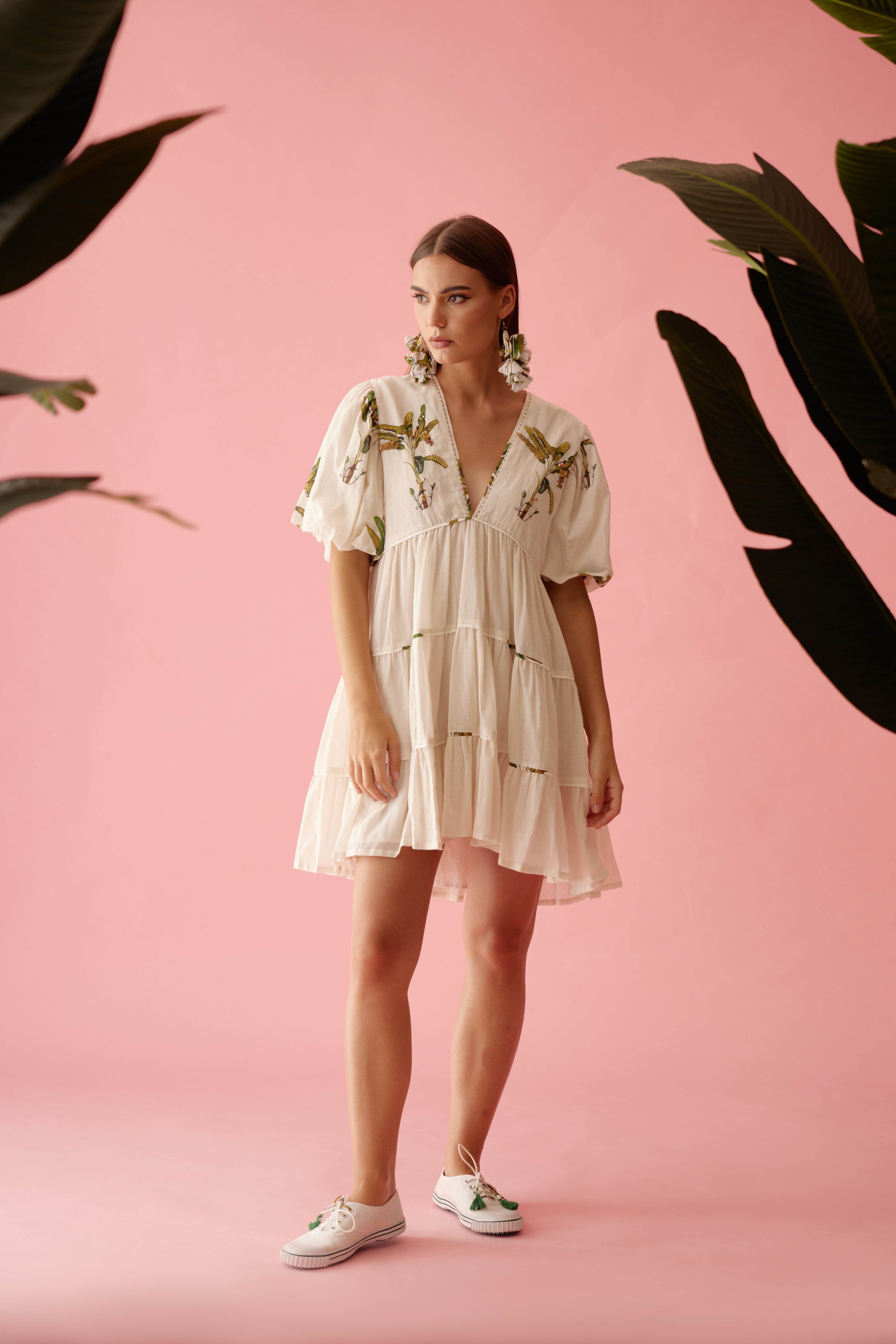 Cream bubble sleeves tier dress