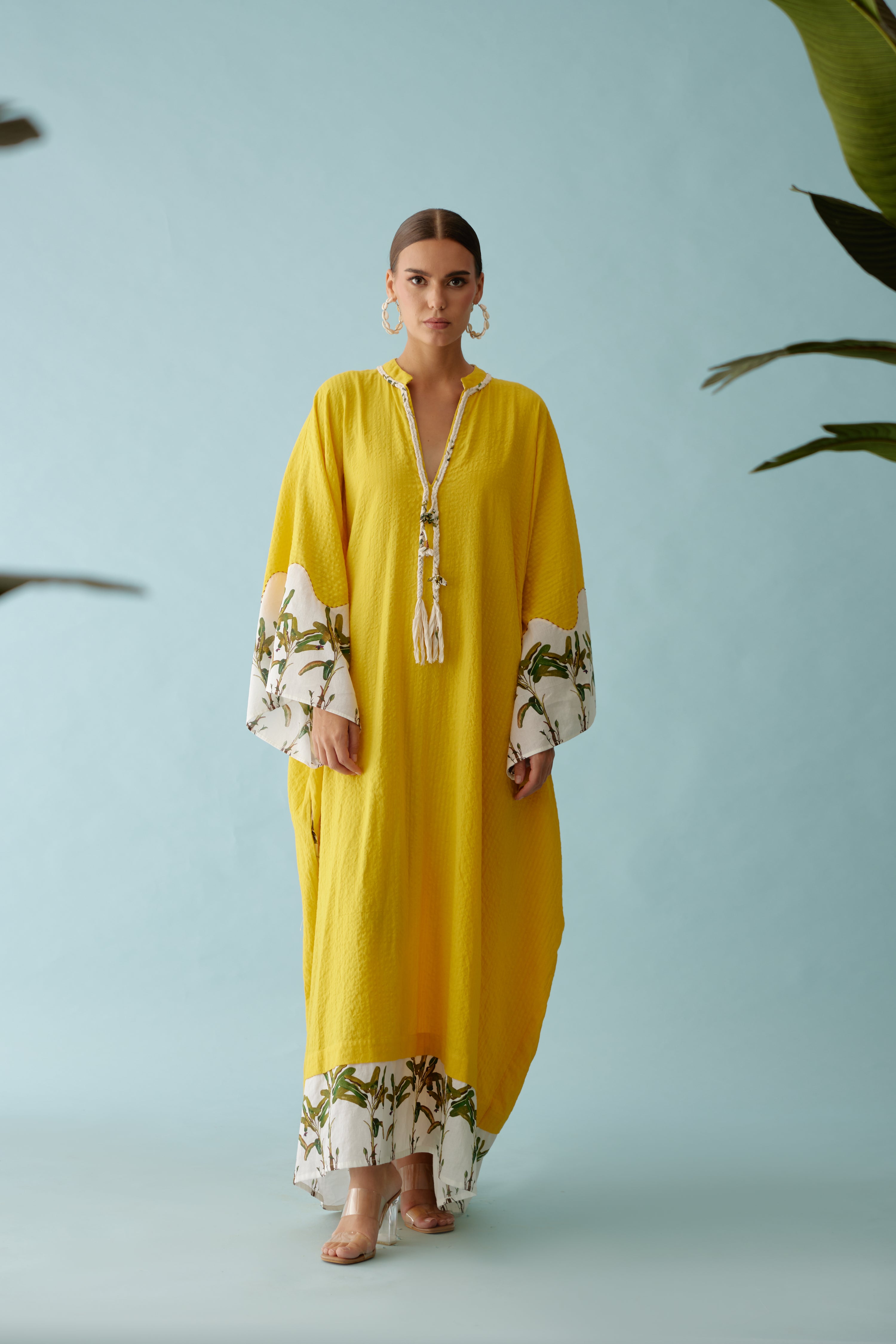 Yellow hand-braided tassels  kaftan dress