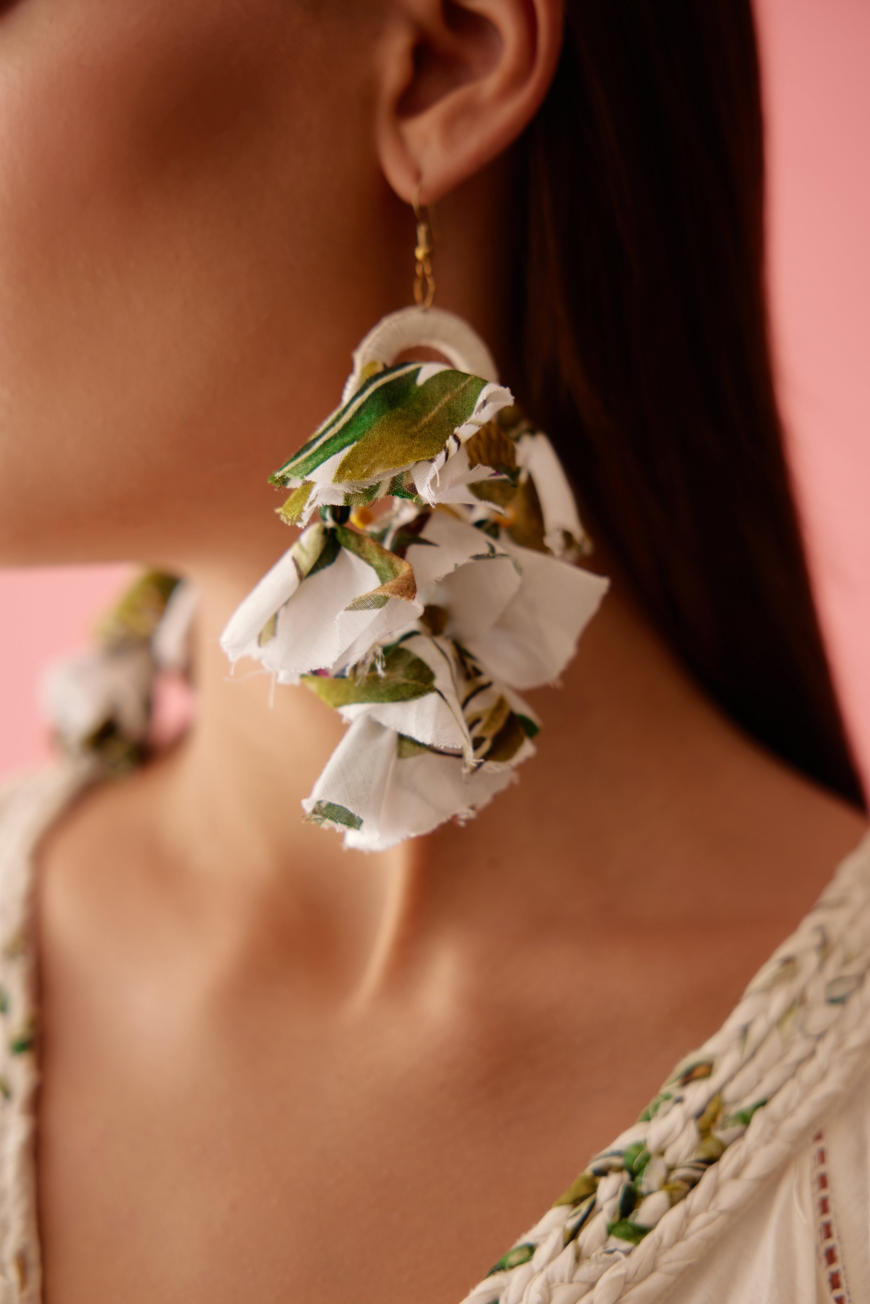 Cream recycled banana tree print tassels earrings