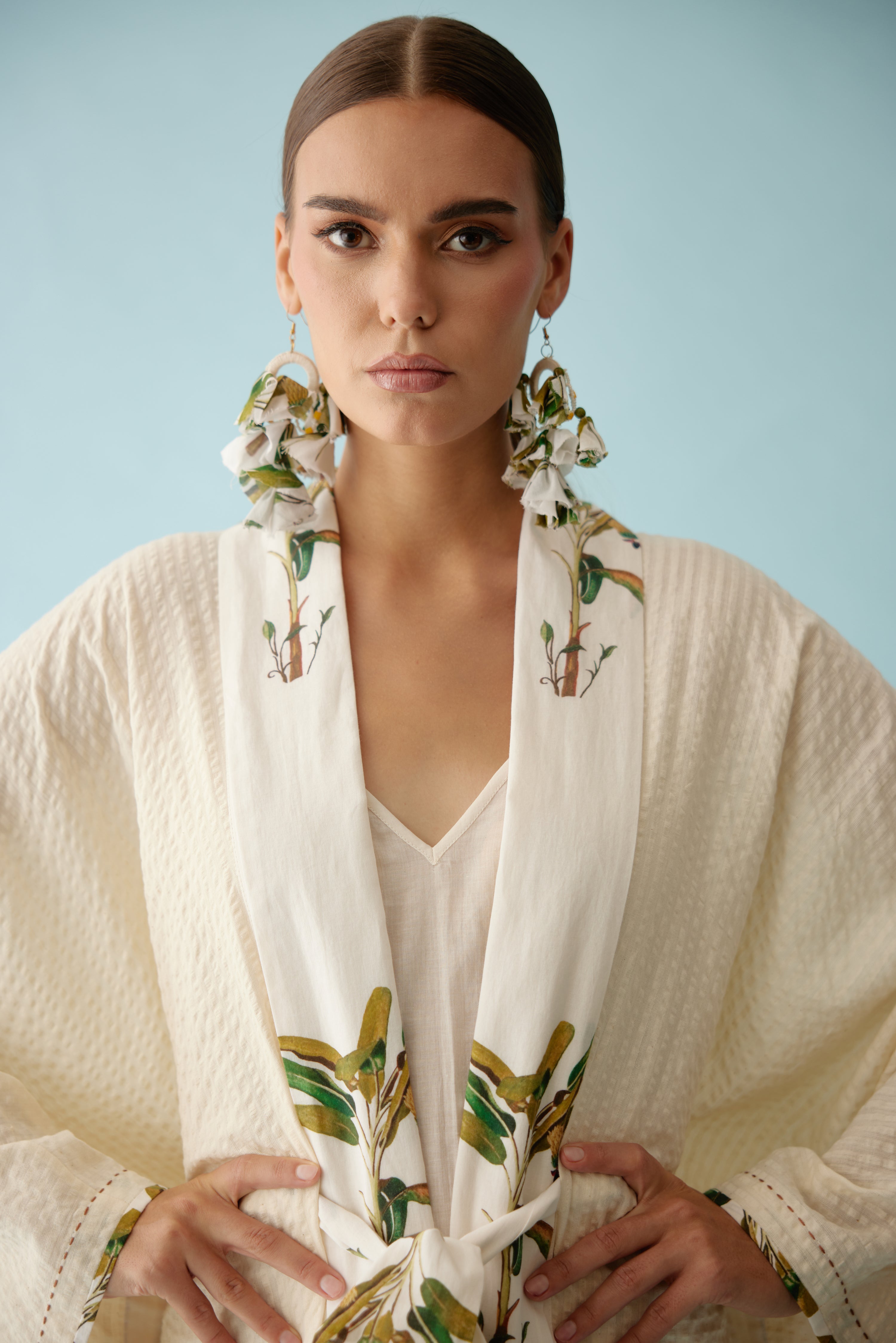 Cream recycled banana tree print tassels earrings