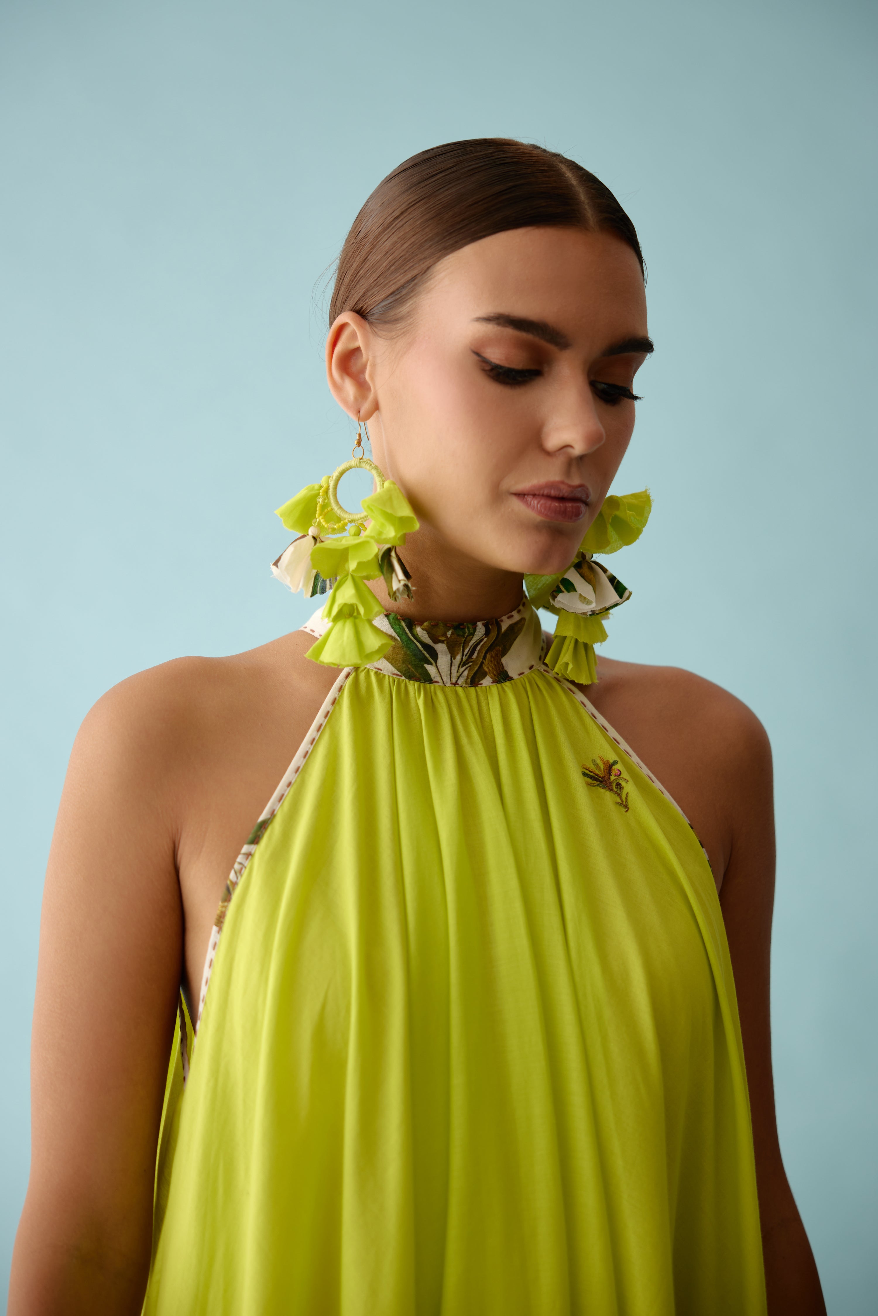 Lime green recycled banana tree print tassels earrings