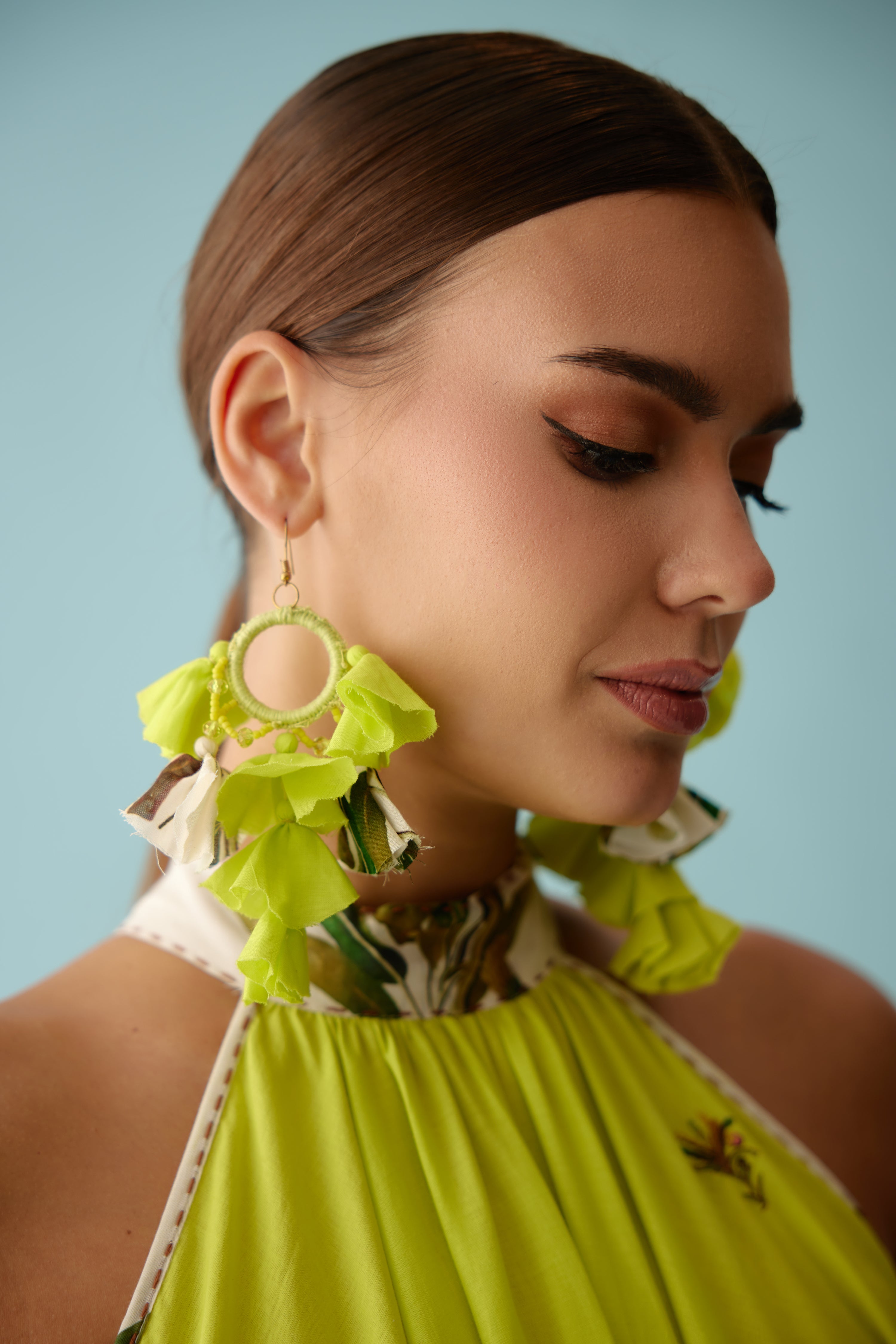 Lime green recycled banana tree print tassels earrings