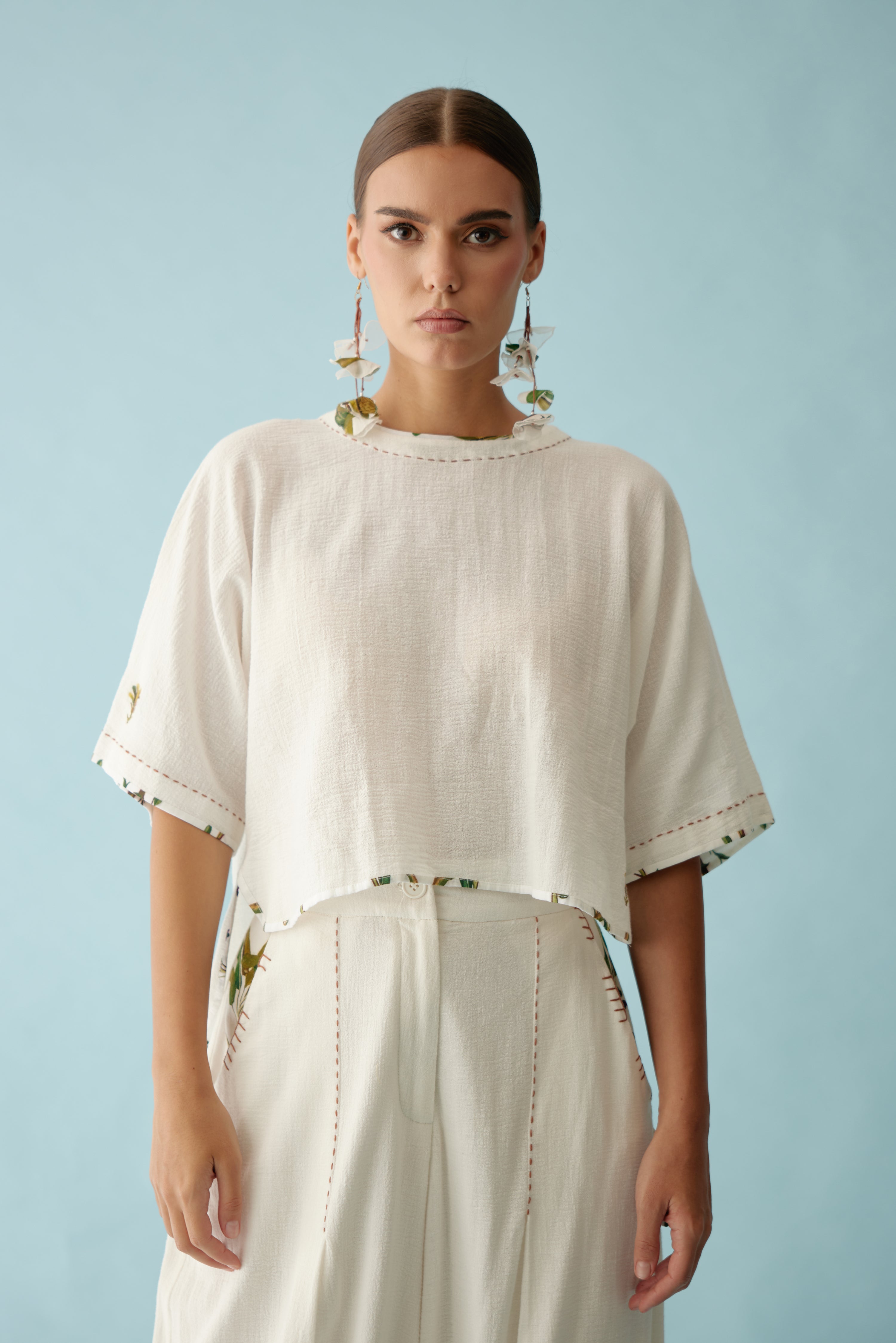 Cream recycled asymmetrical banana tree tassels earrings