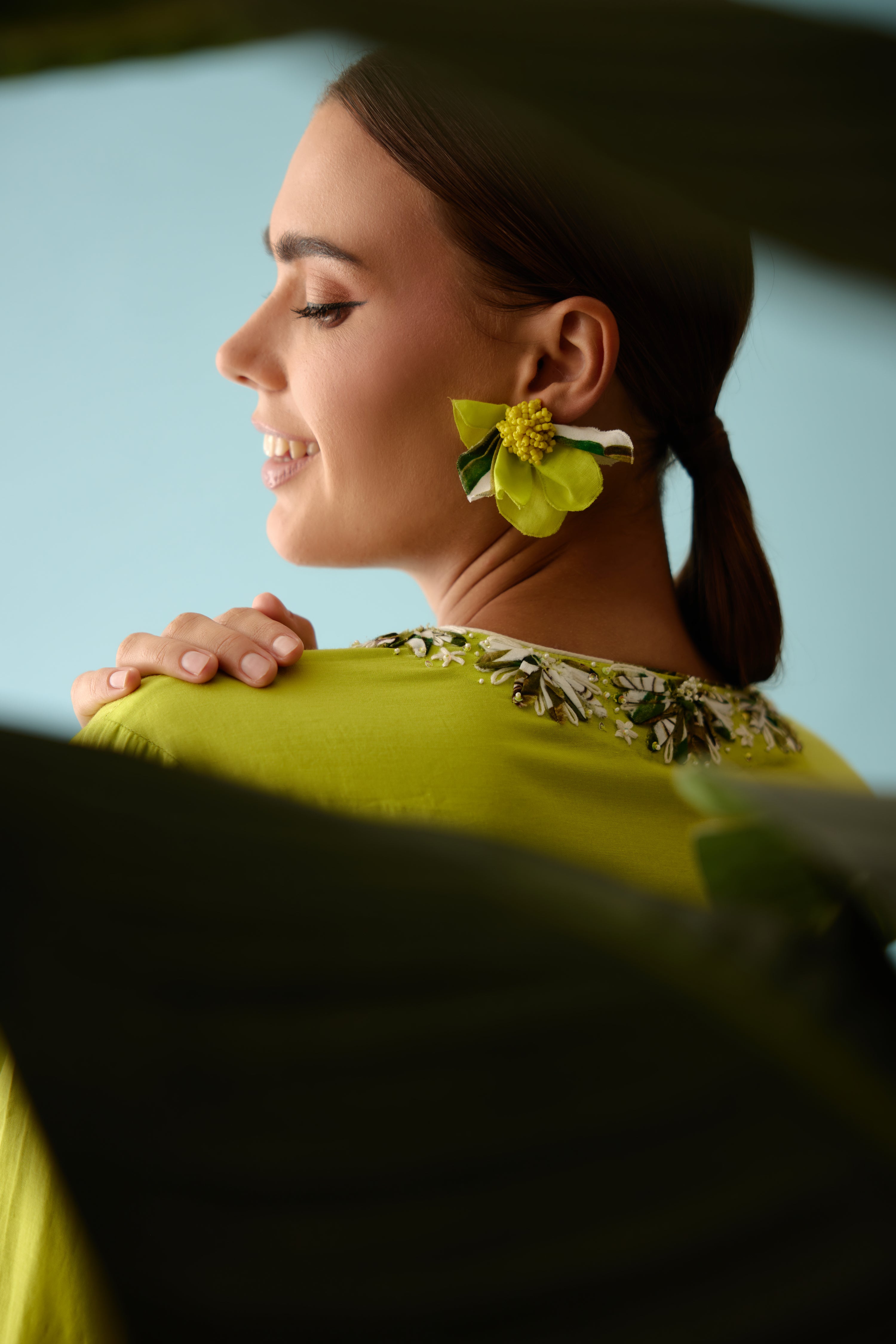 Lime green recycled hand embroidered earrings