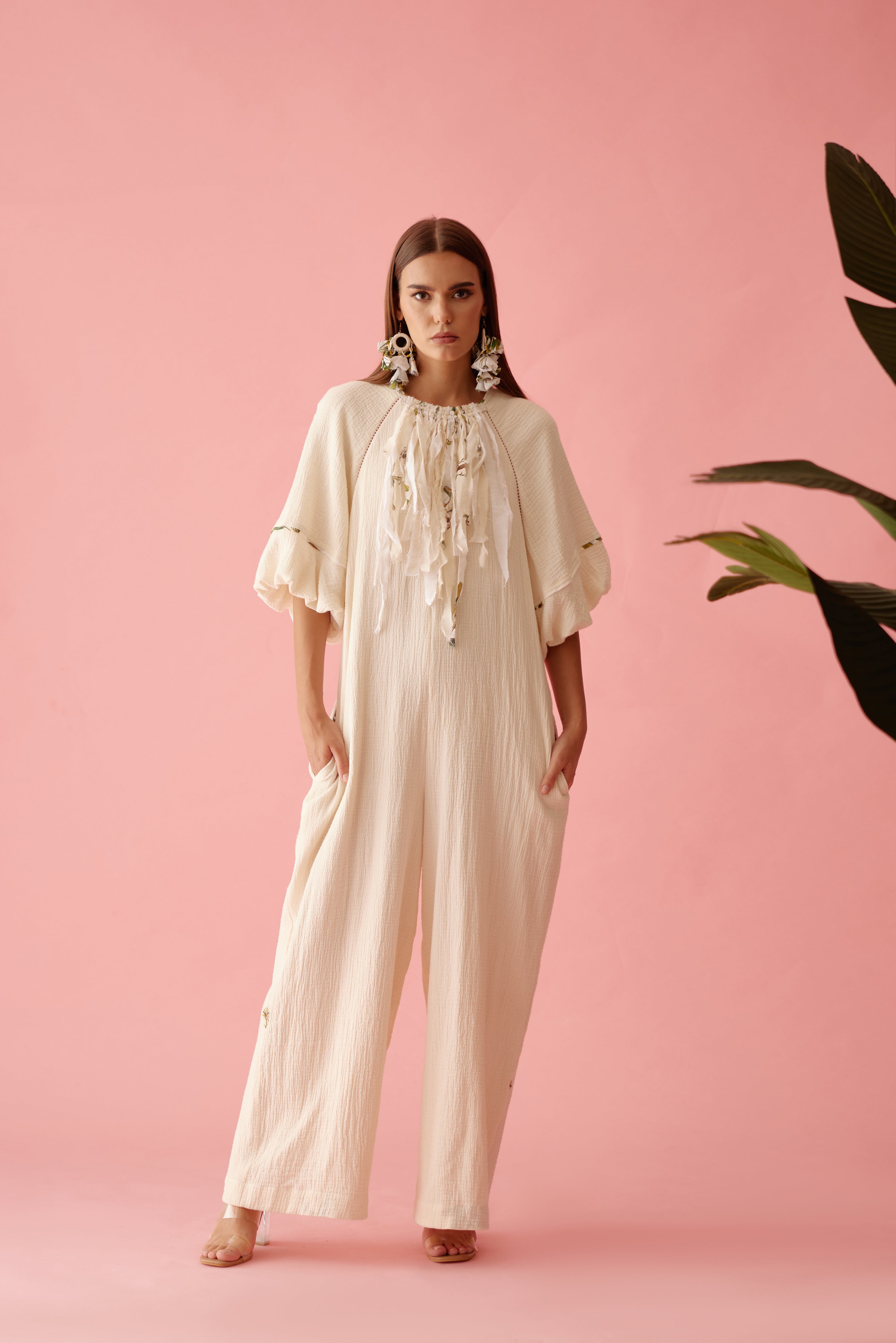 Cream fringe neckline jumpsuit