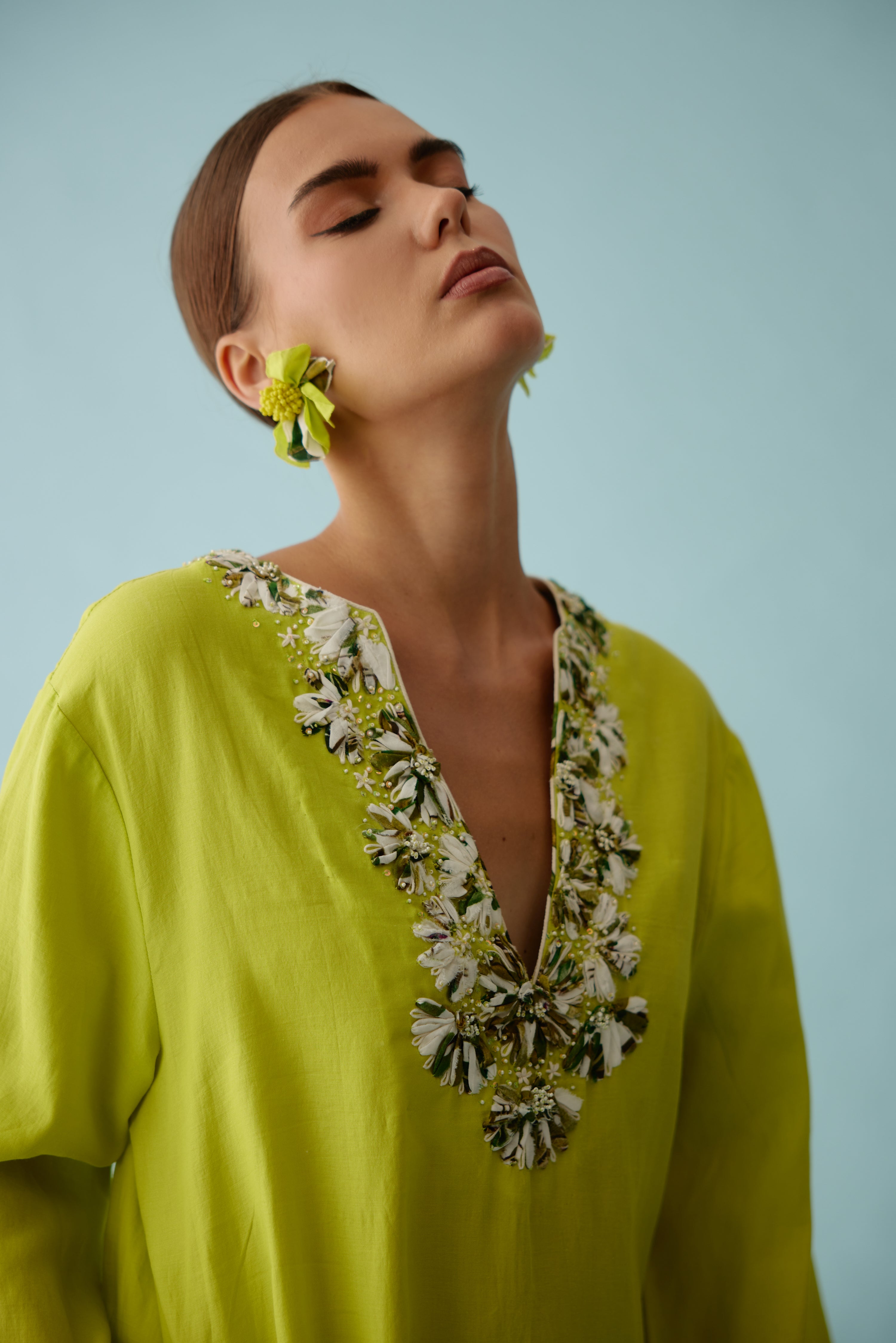 Lime green fabric ribbon embroidery flower kaftan