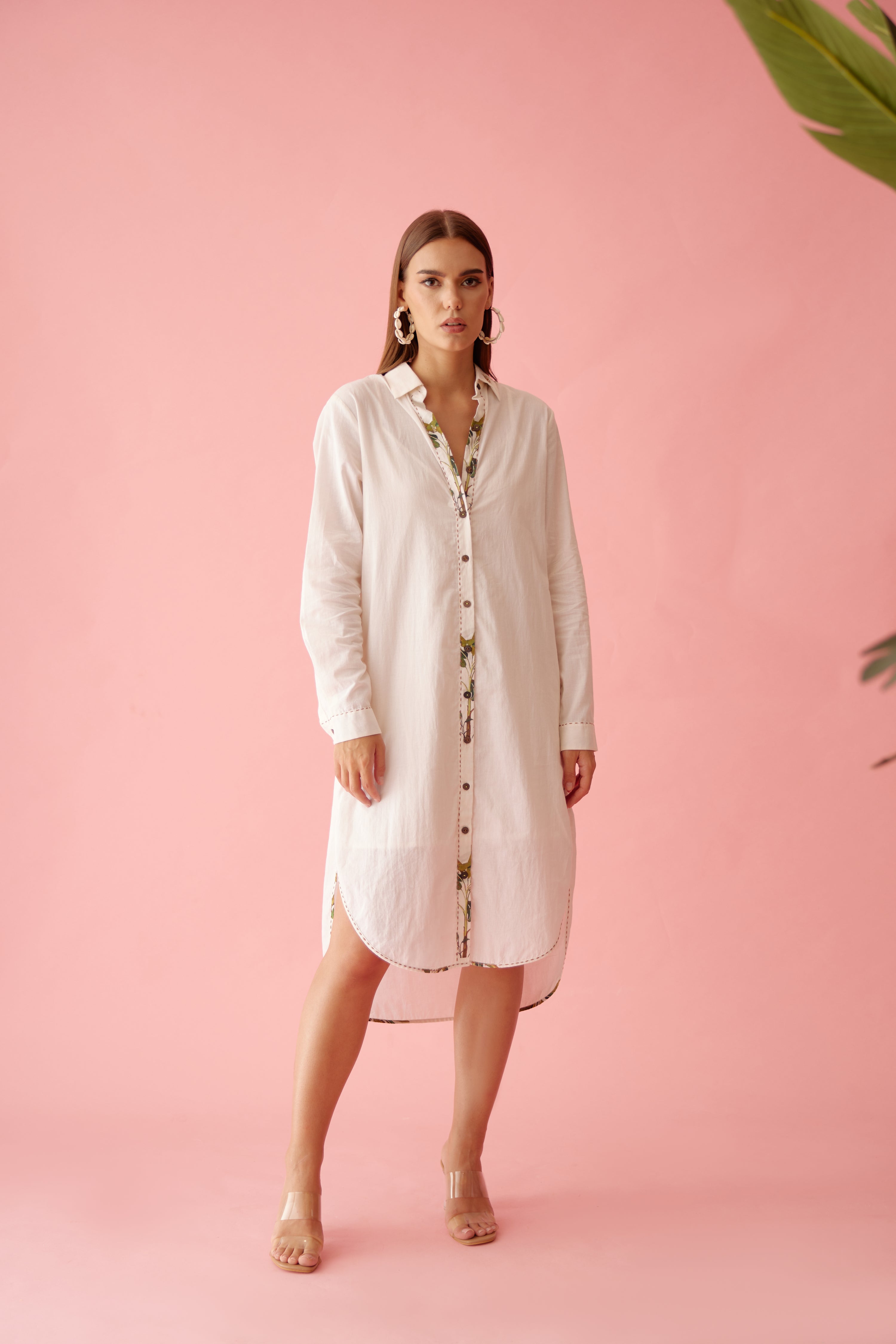 Cream banana tree applique hi-low shirt dress
