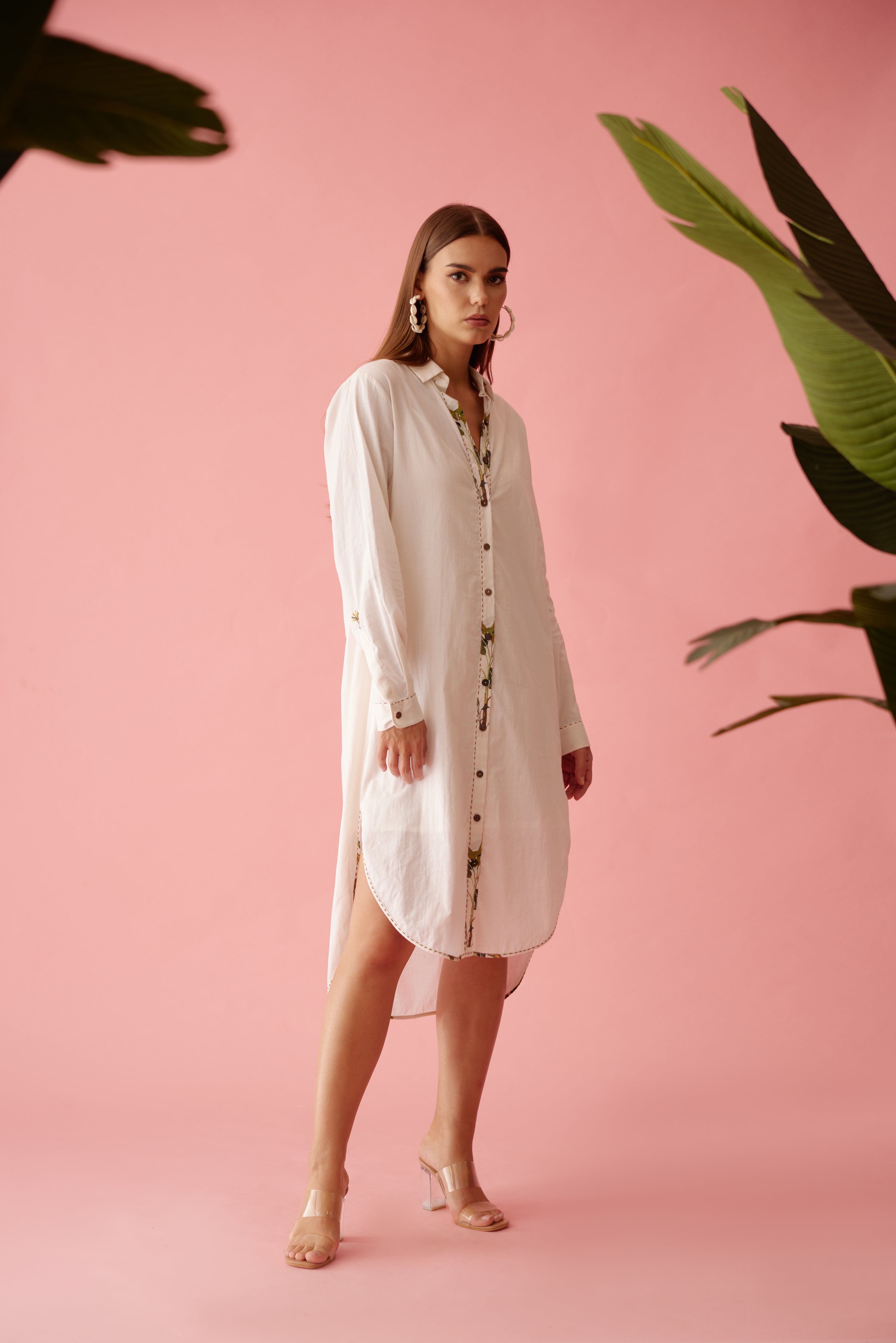 Cream banana tree applique hi-low shirt dress