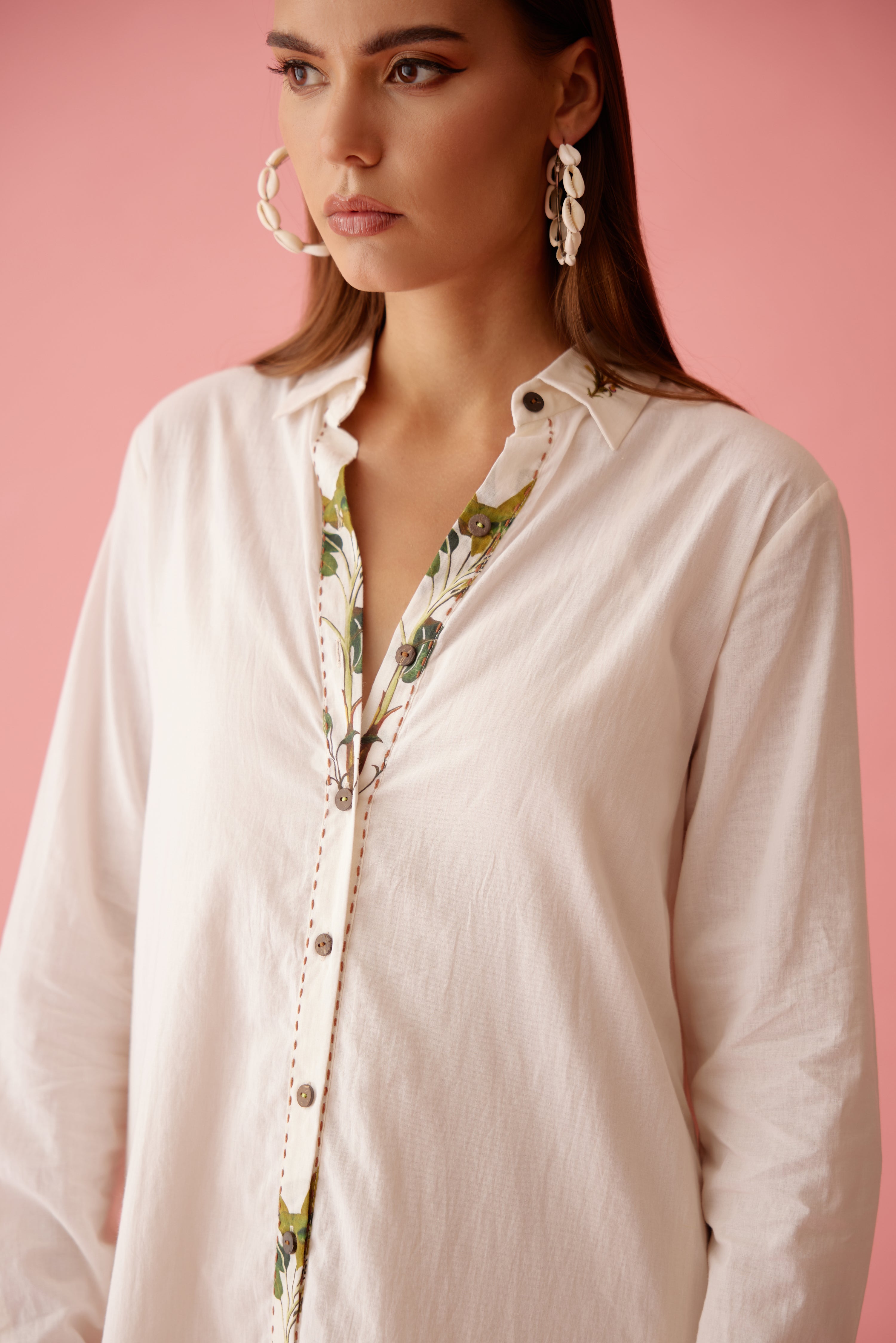 Cream banana tree applique hi-low shirt dress