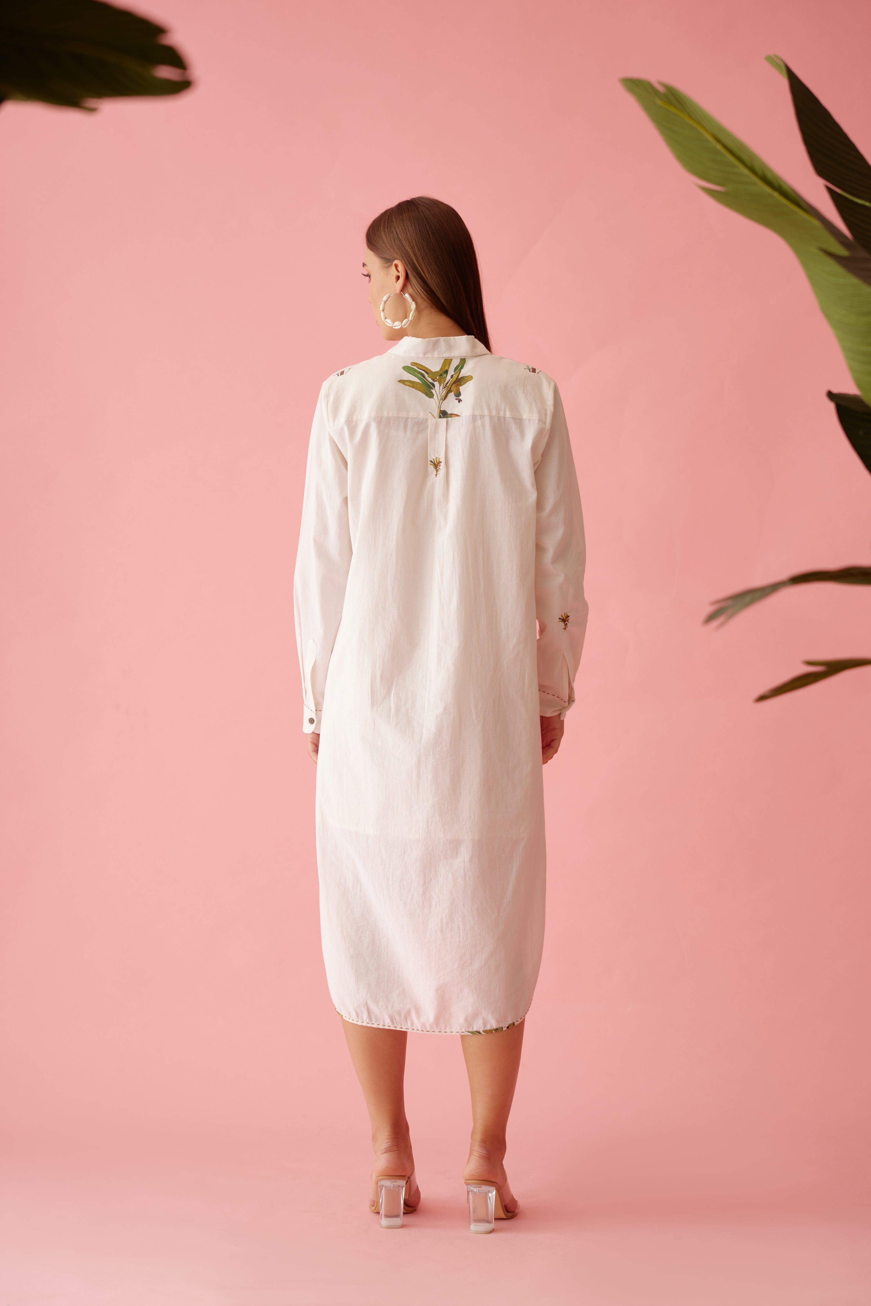 Cream banana tree applique hi-low shirt dress