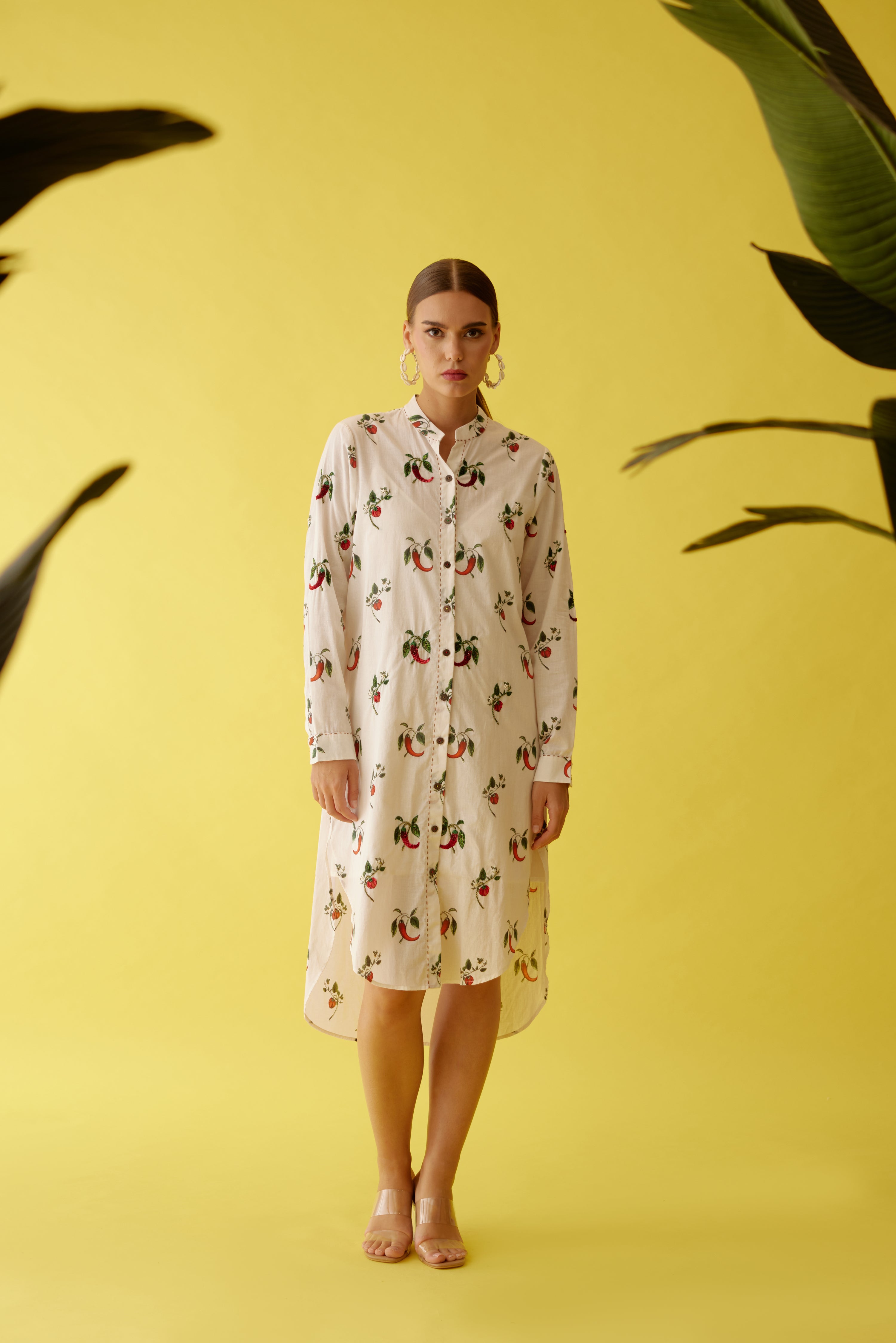 Off-white hand painted chilli print hi-low shirt dress