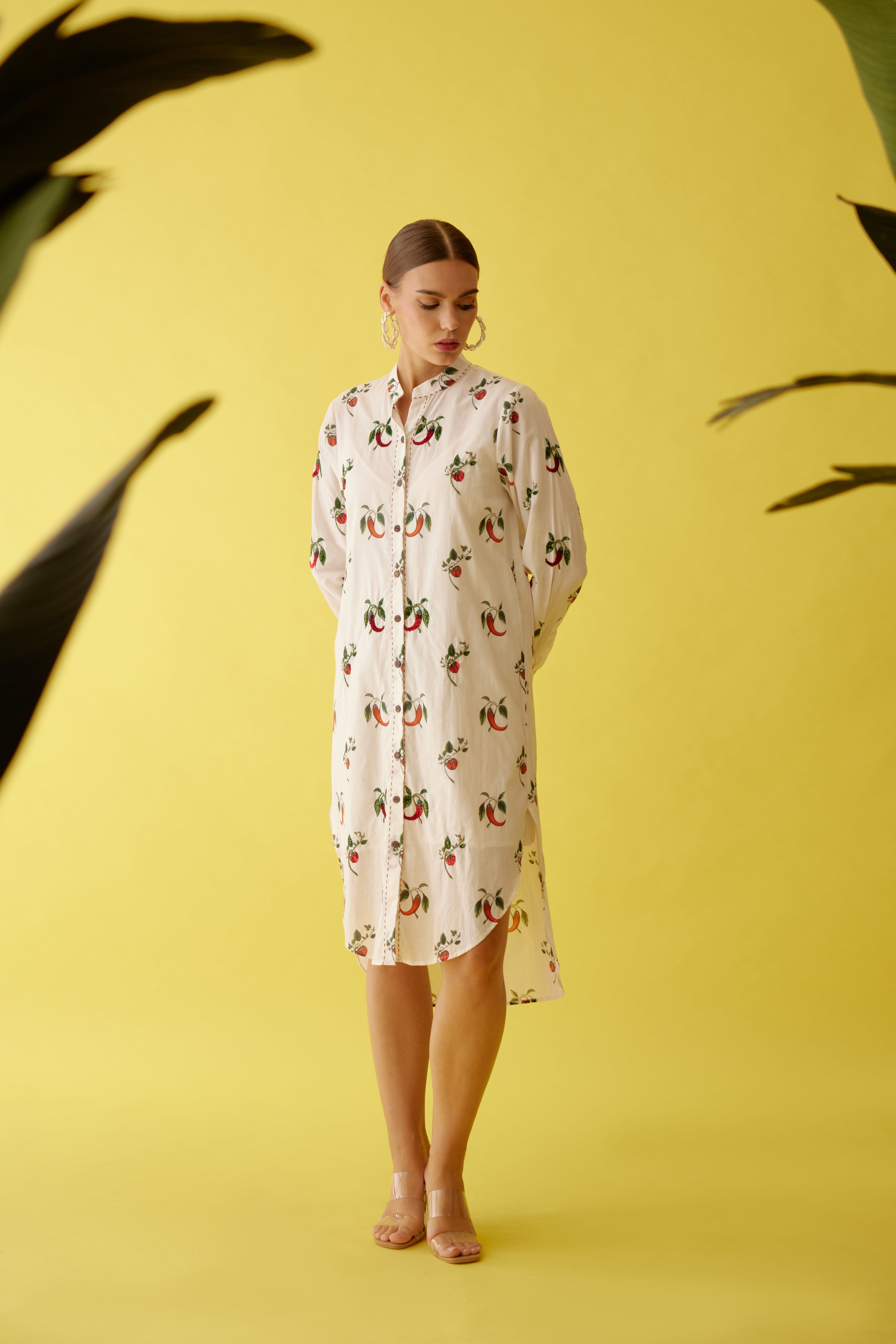 Off-white hand painted chilli print hi-low shirt dress