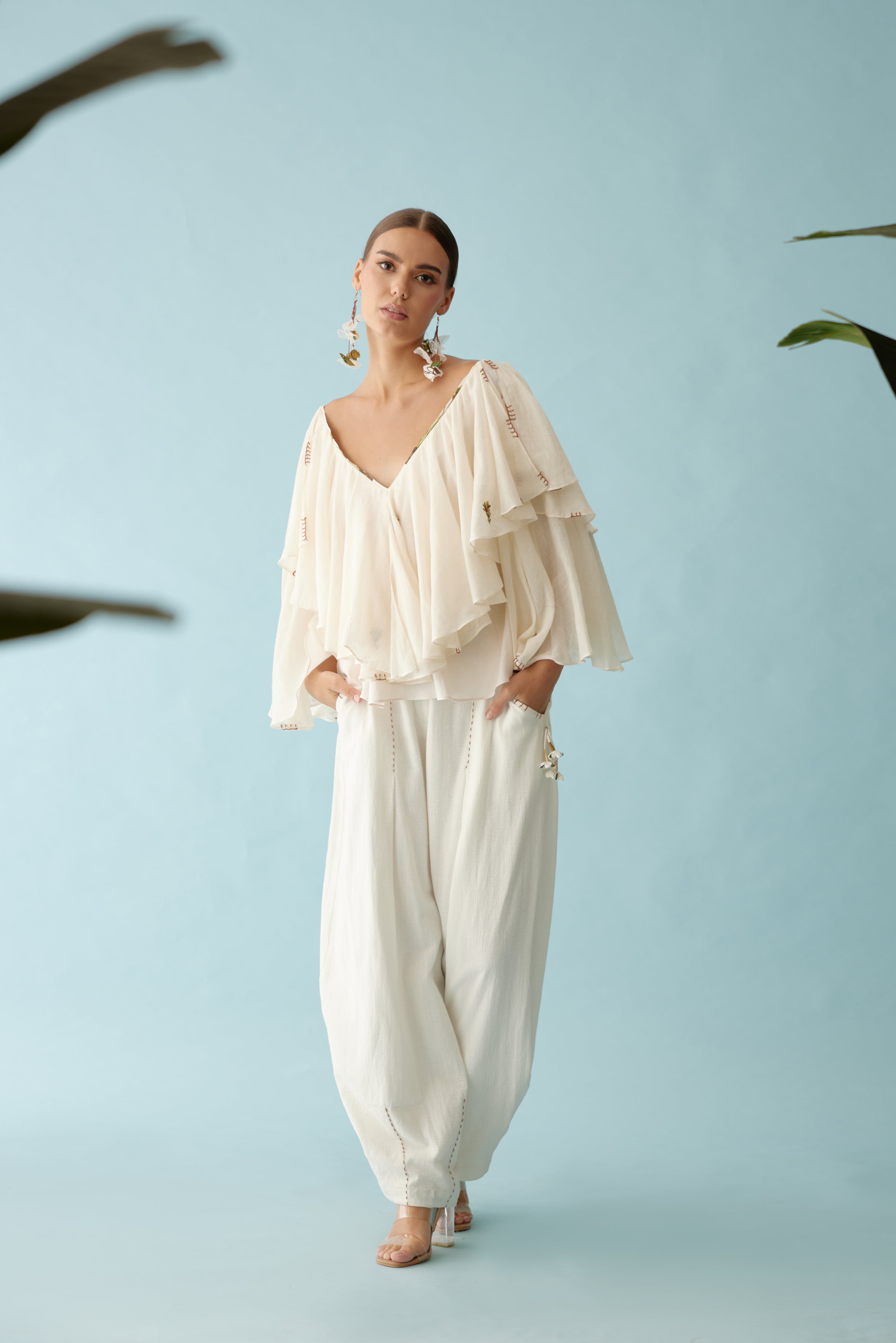 Cream banana tree applique frill top