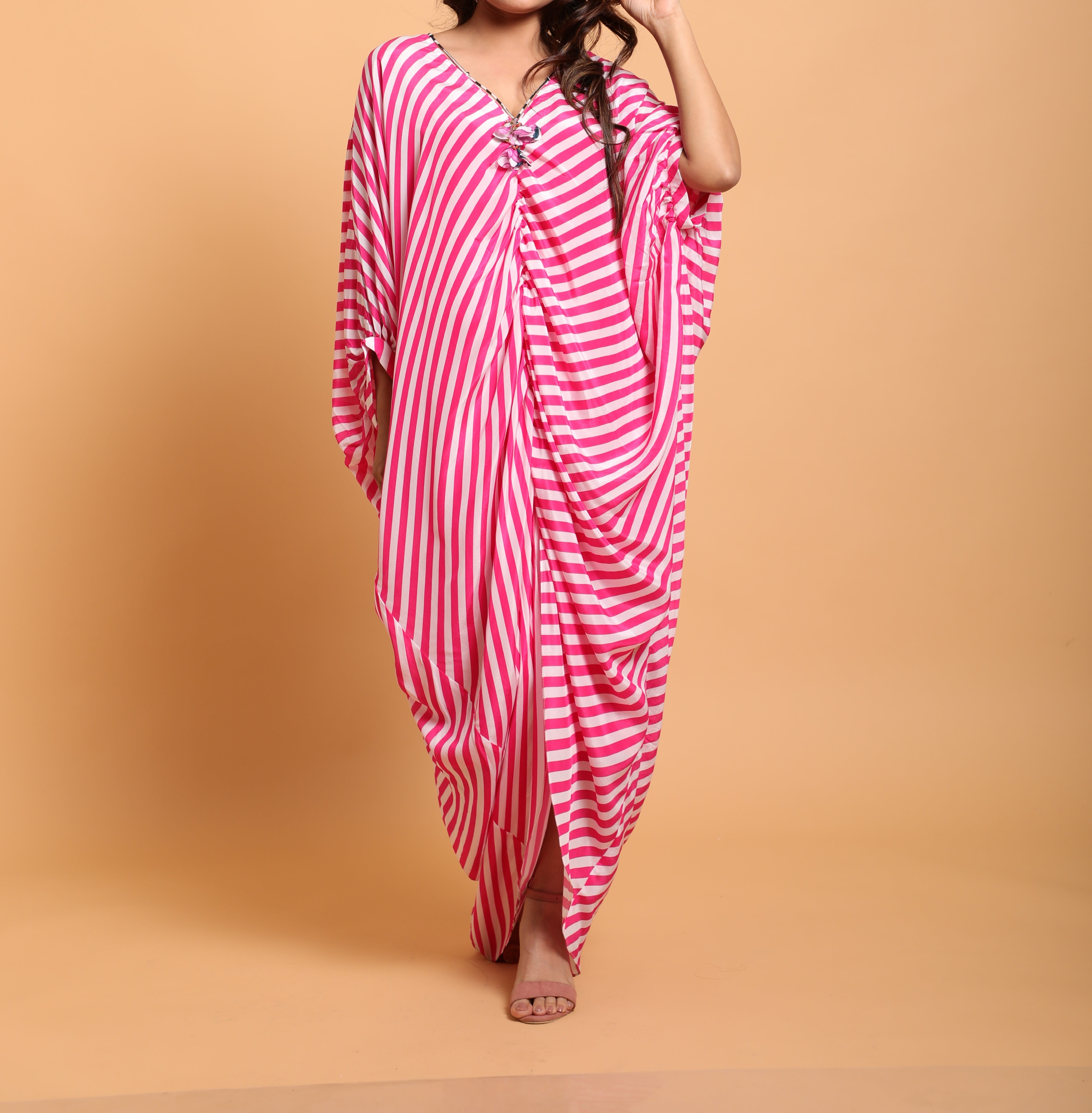 Mithai pink/white leheriya kaftan dress