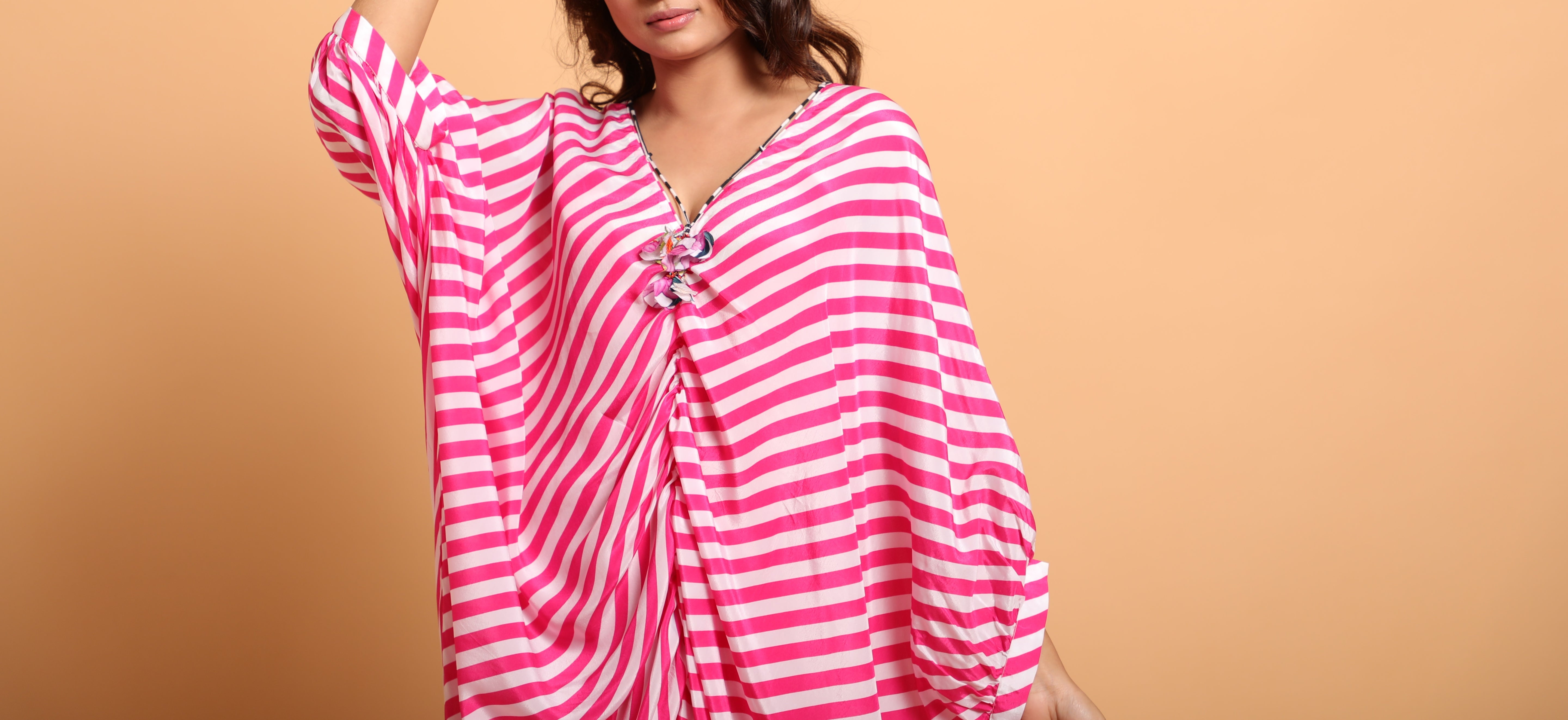 Mithai pink/white leheriya kaftan dress