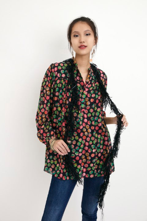 "Handwoven black polka dot tunic with hand embroidery in french knots and sequins detail. 100% Handwoven cotton silk; Lining: 100% cotton 100% Azo Free Dry Clean Only"