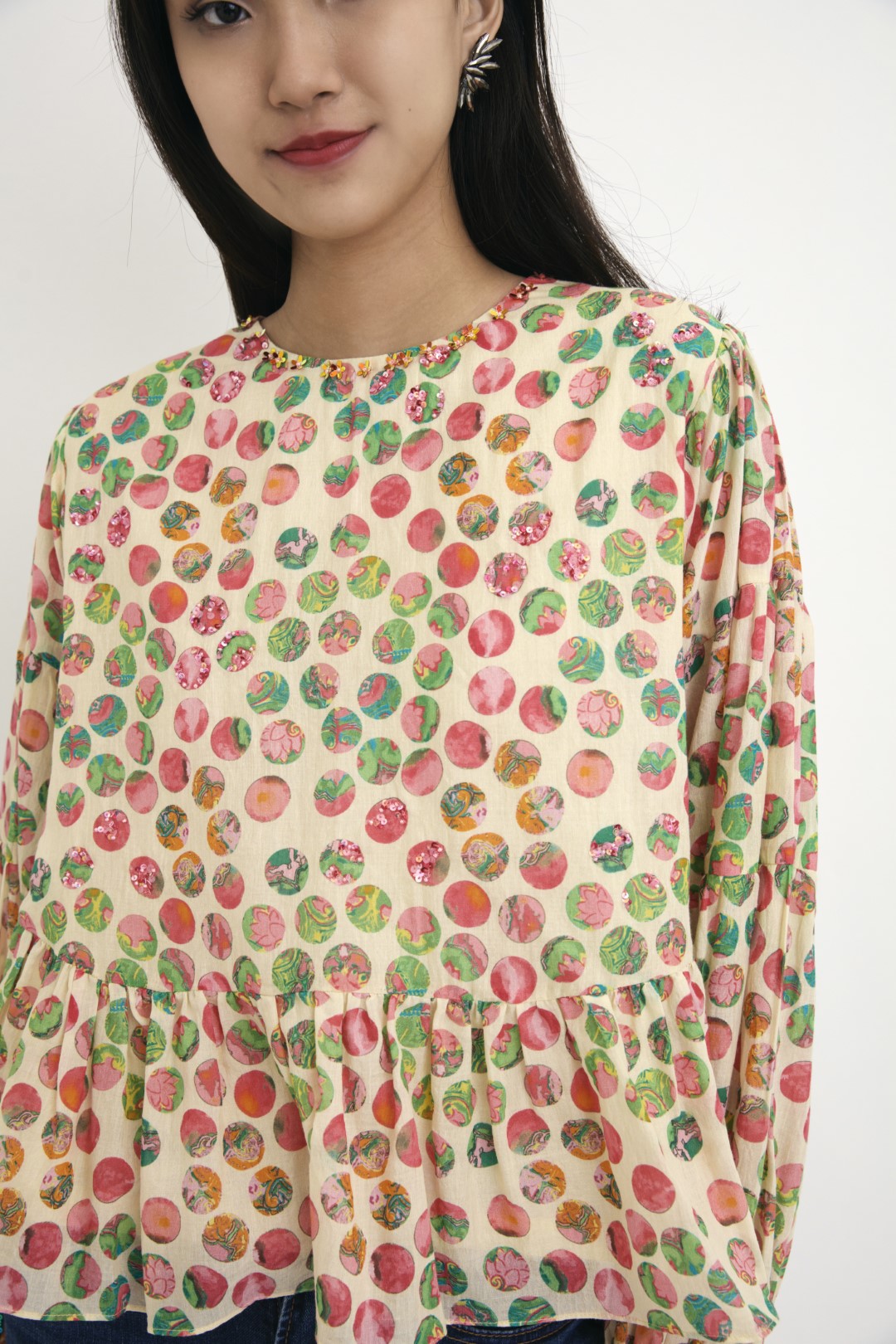 "Handwoven cream multi-color polka dot cotton silk top with hand embroidery in rainbow shades sequins and beads 100% Handwoven cotton silk; Lining:100% cotton 100% Azo Free Dry Clean Only"