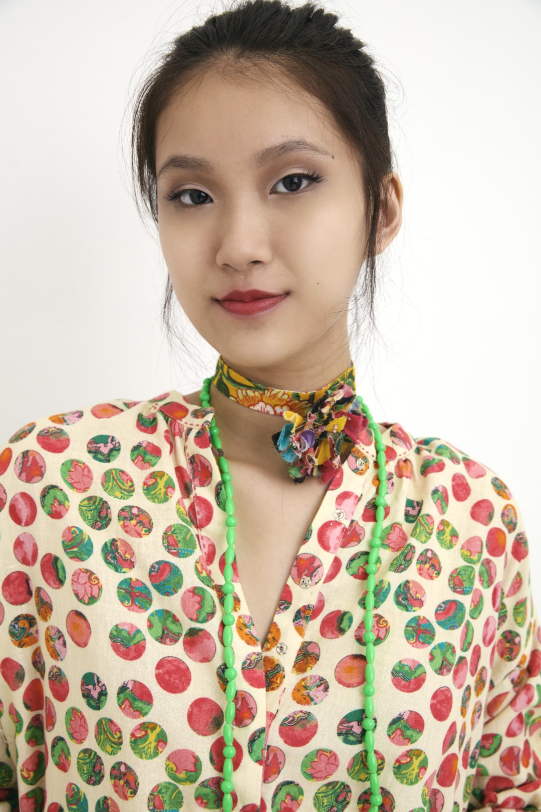 "Handwoven cream polka dot tunic with hand embroidery multi-colored brooch. 100% Handwoven silk 100% Azo Free Dry Clean Only"