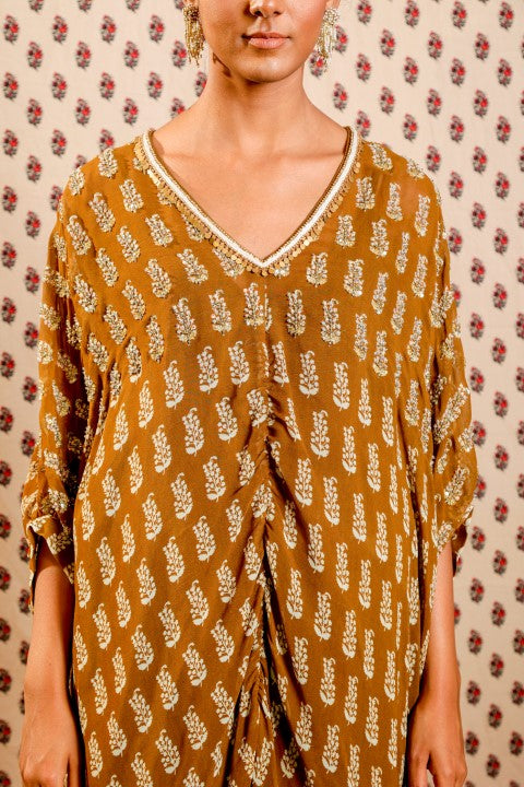 TOBACCO BROWN GEORGETTE KAFTAN PAIRED WITH COTTON TOBACCO PANTS.