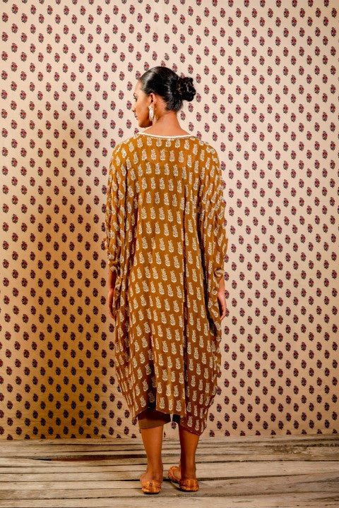 TOBACCO BROWN GEORGETTE KAFTAN PAIRED WITH COTTON TOBACCO PANTS.