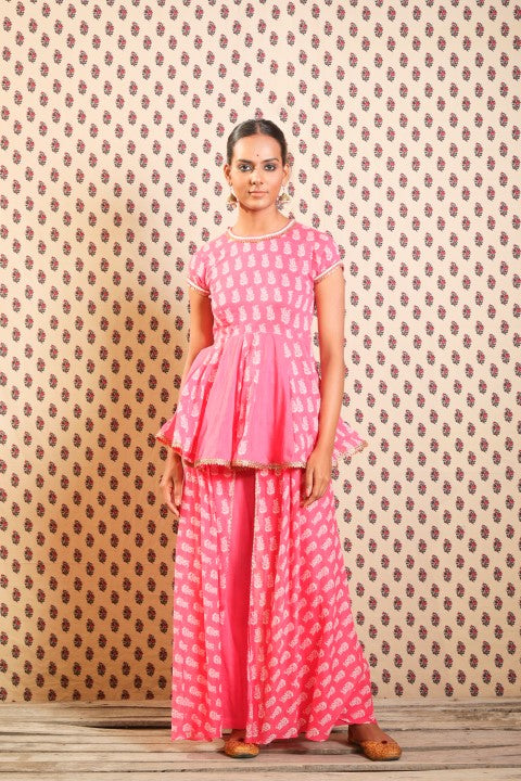 MITHAI PINK SOFT COTTON PEPLUM TOP PAIRED WITH DOUBLE LAYERED SHARARA PANTS.