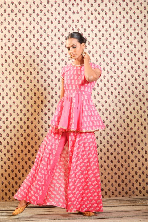 MITHAI PINK SOFT COTTON PEPLUM TOP PAIRED WITH DOUBLE LAYERED SHARARA PANTS.
