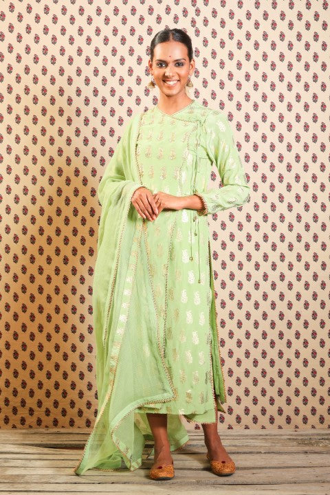 PISTA GREEN ANGRAKHA PAIRED WITH STRAIGHT PANTS AND HAND WOVEN KOTA DORIA DUPATTA.