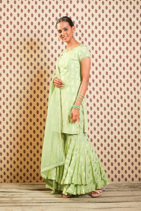 PISTA GREEN ANGRAKHA PAIRED WITH DOUBLE LAYERED SHARARA AND HANDWOVEN KOTA DORIA DUPATTA.