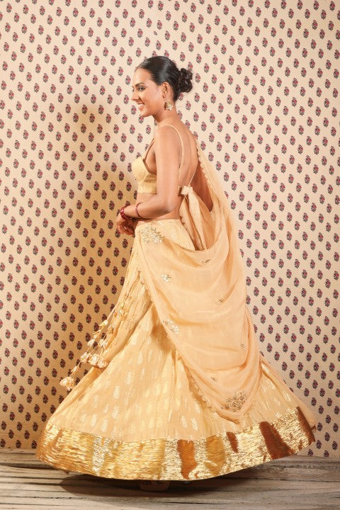 SAND BROWN RAW SILK BRALETTE PAIRED WITH COTTON SILK LEHENGA AND ORGANZA DUPATTA.