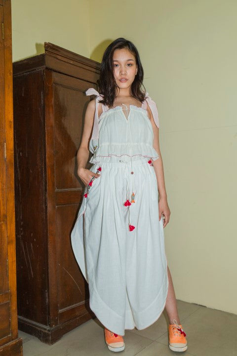 Hand Woven Cotton Emb. Pants With Hand Stitch And Tassels Detailings. Azo Free