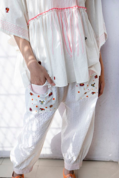 Seersucker Cotton Harem Pants With Emb. Patch Pocket. Azo Free