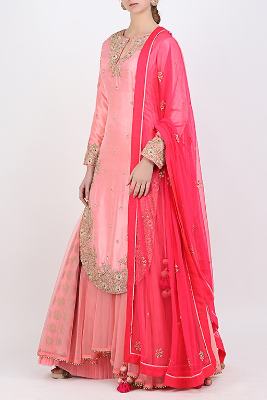 ROSE PINK EMBROIDERED APPLE CUT KURTA WITH DOUBLE LAYERED BROCADE SKIRT AND DUPATTA.