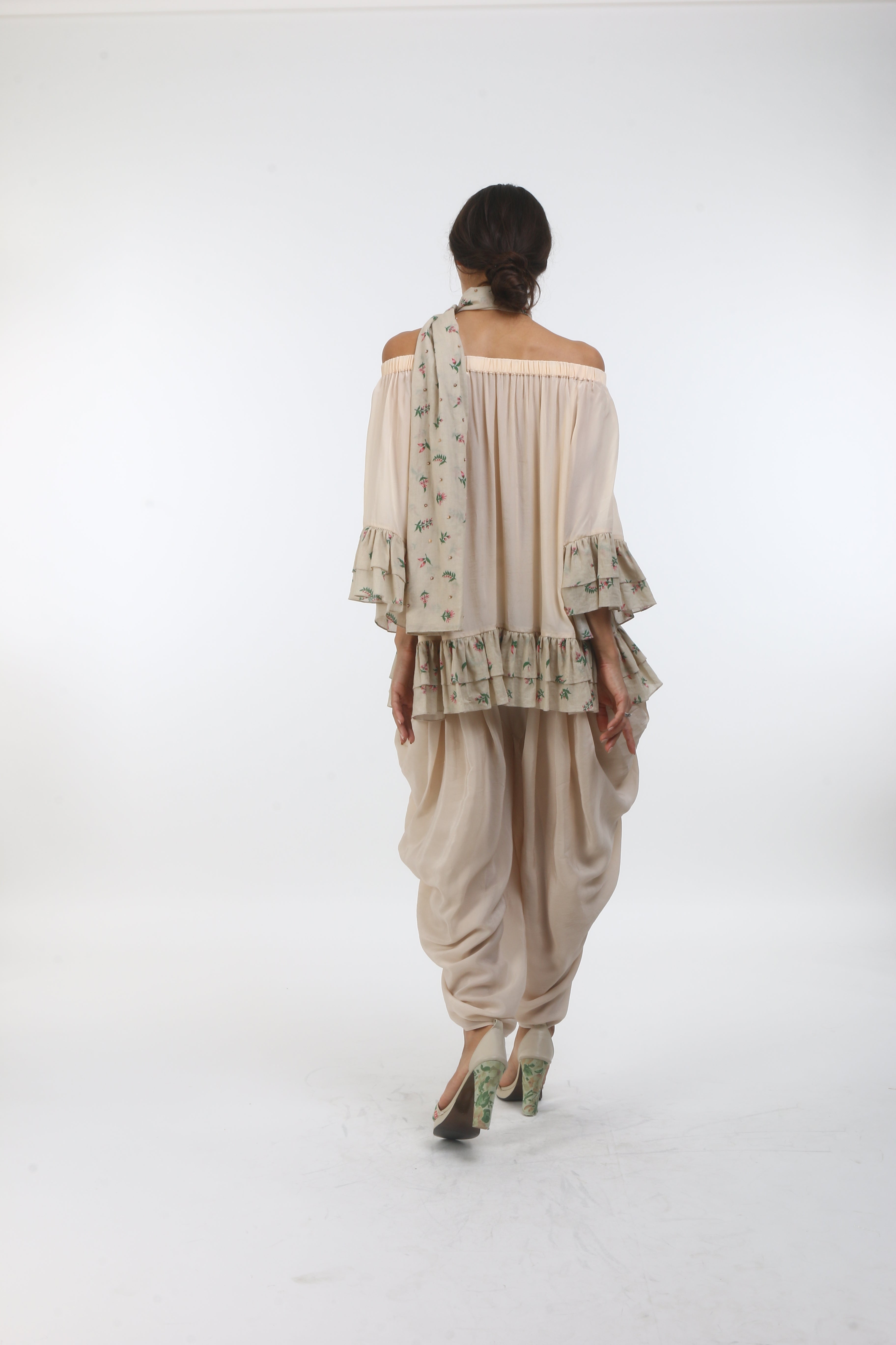 Bloom champagne grey cold shoulder cotton top with printed frills.