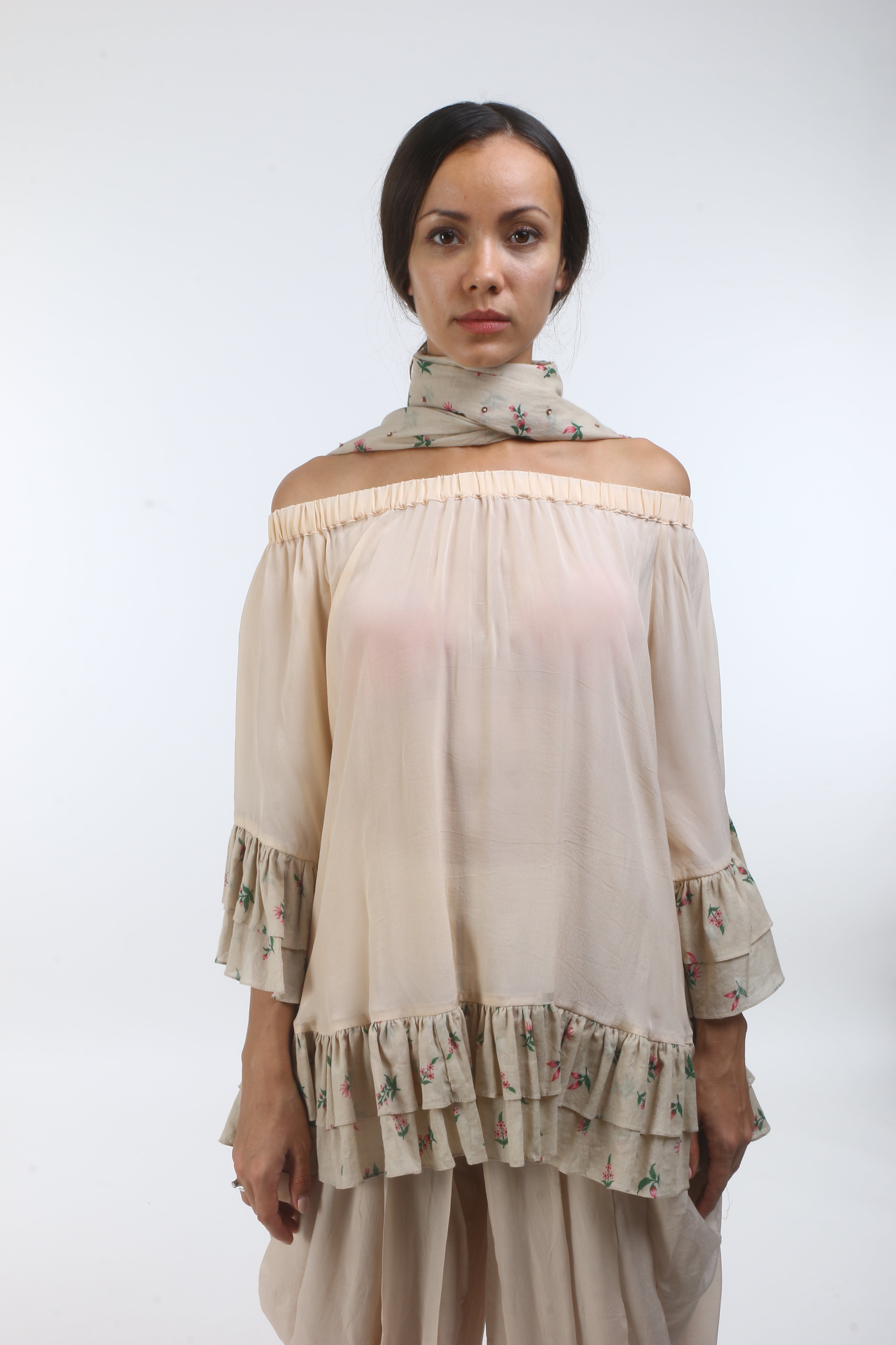 Bloom champagne grey cold shoulder cotton top with printed frills.