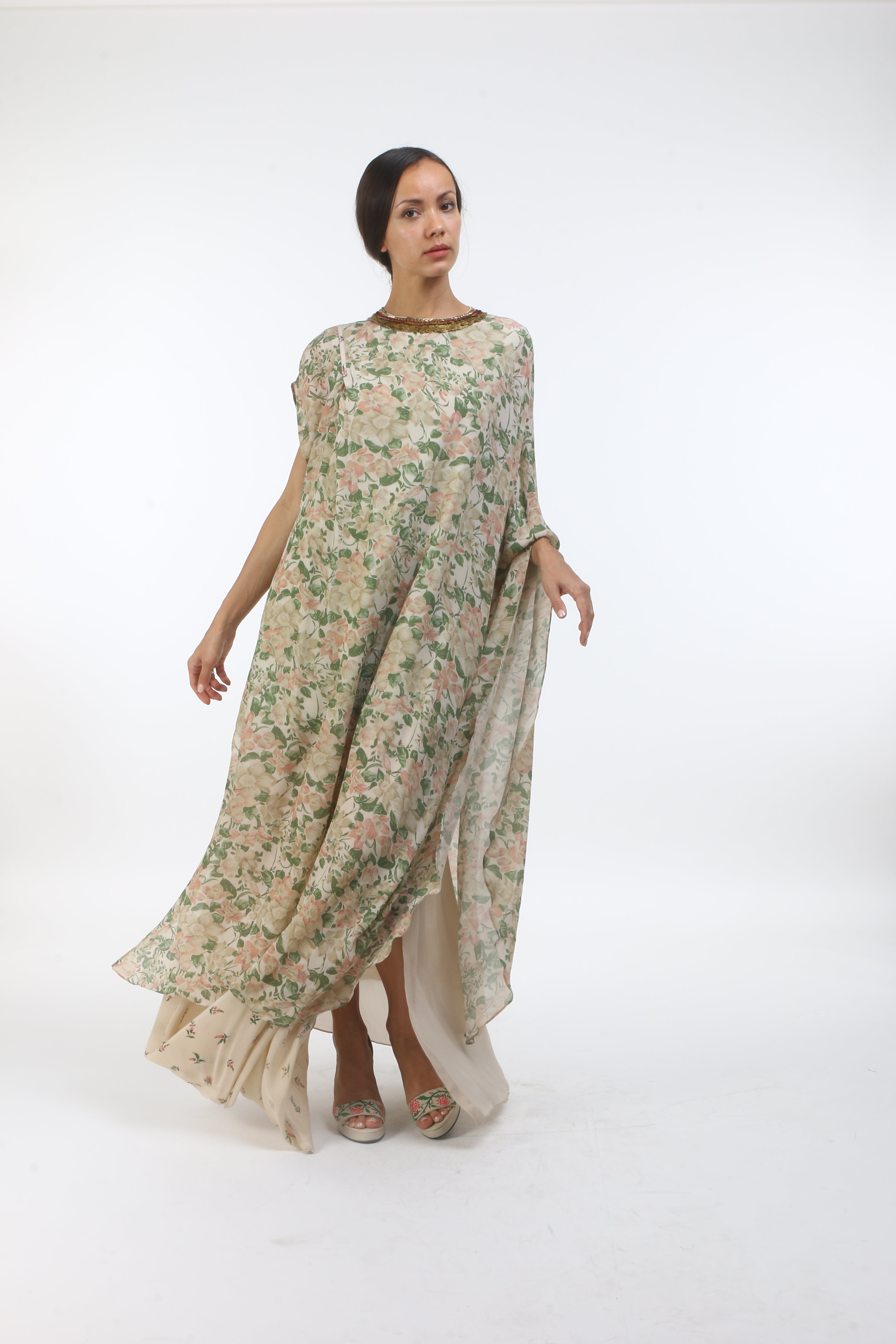 Bloom beige grey bibi jaal printed crepe kaftan with bouquet printed cowl skirt.