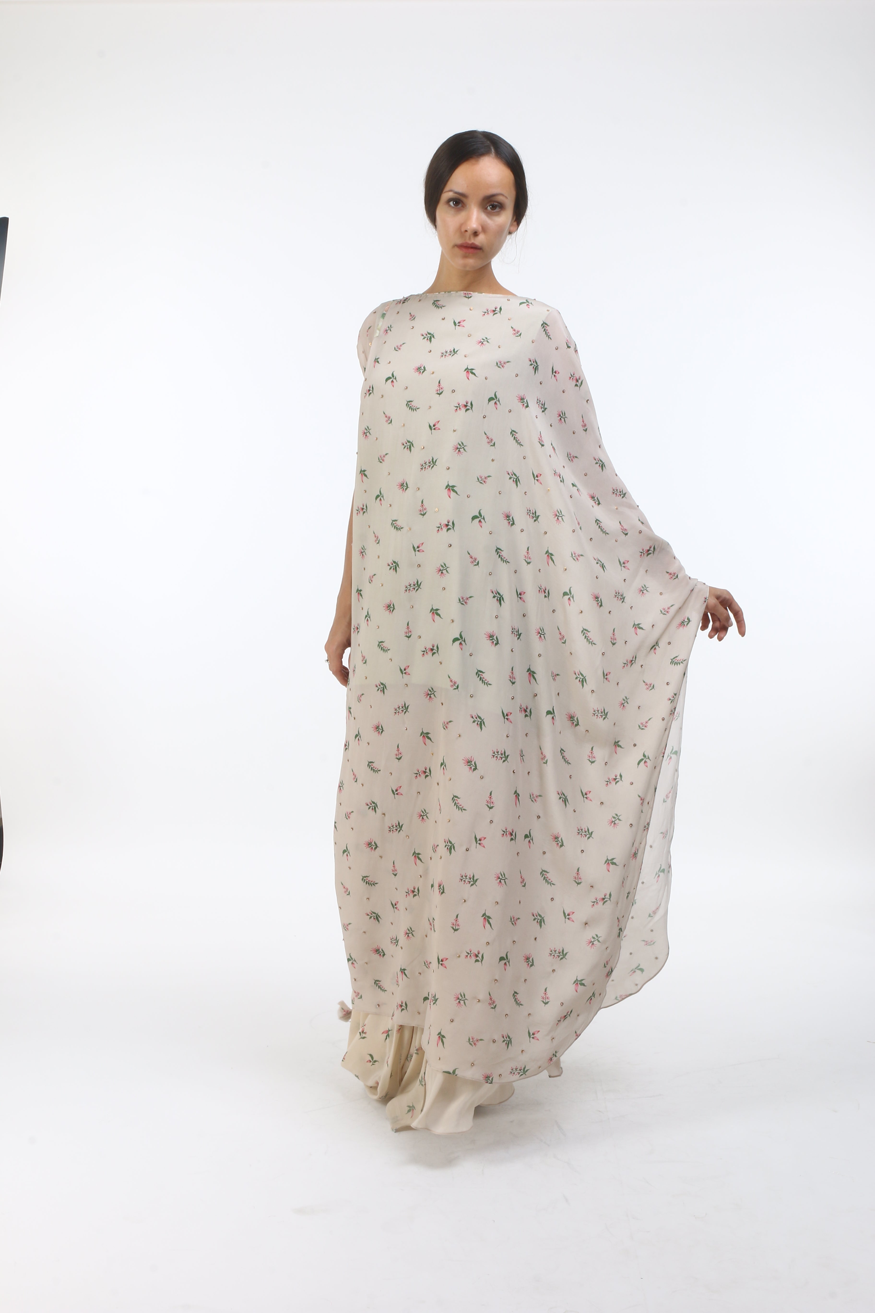 Bloom beige grey bouquet printed & embellished crepe kaftan with printed cowl skirt.