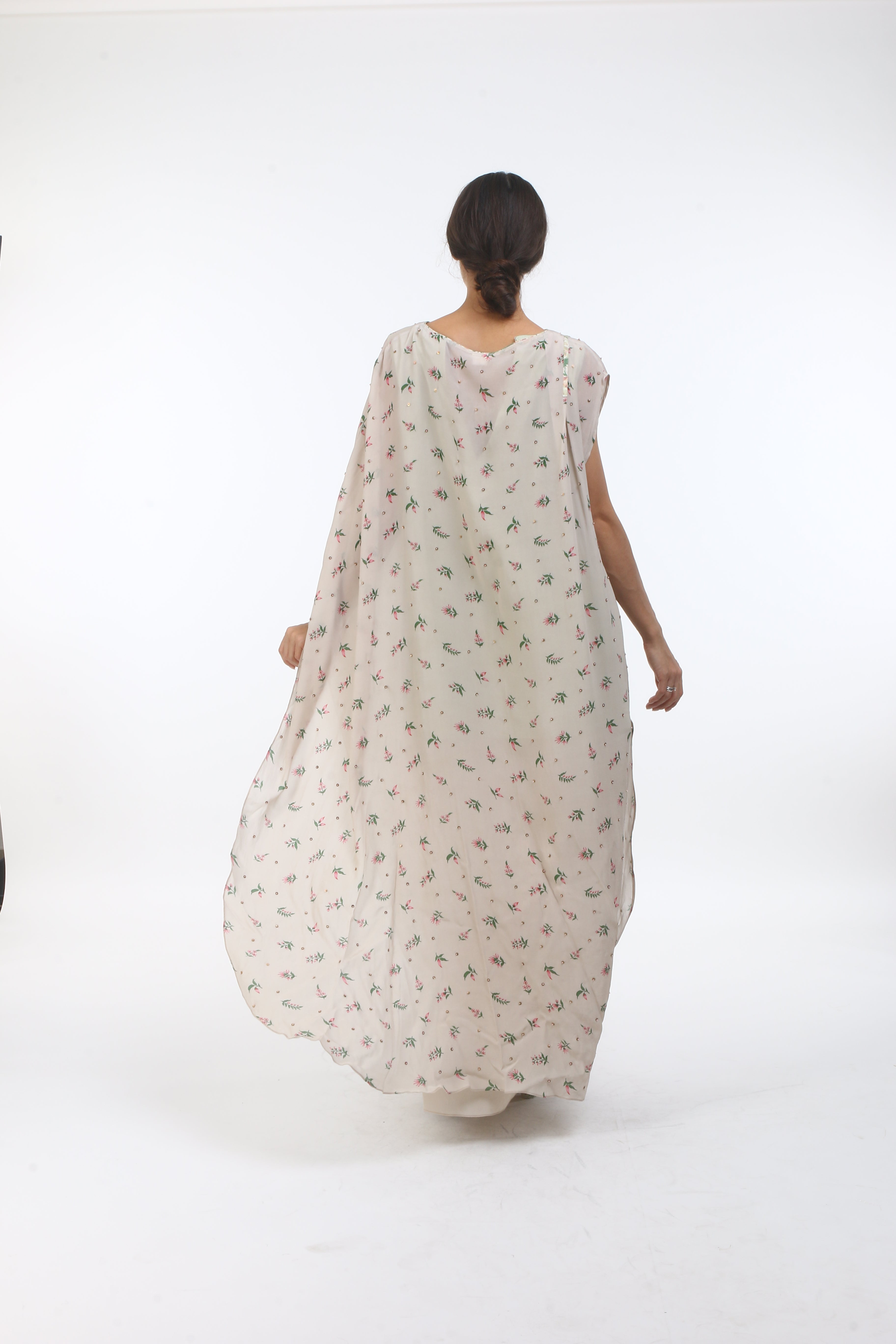 Bloom beige grey bouquet printed & embellished crepe kaftan with printed cowl skirt.