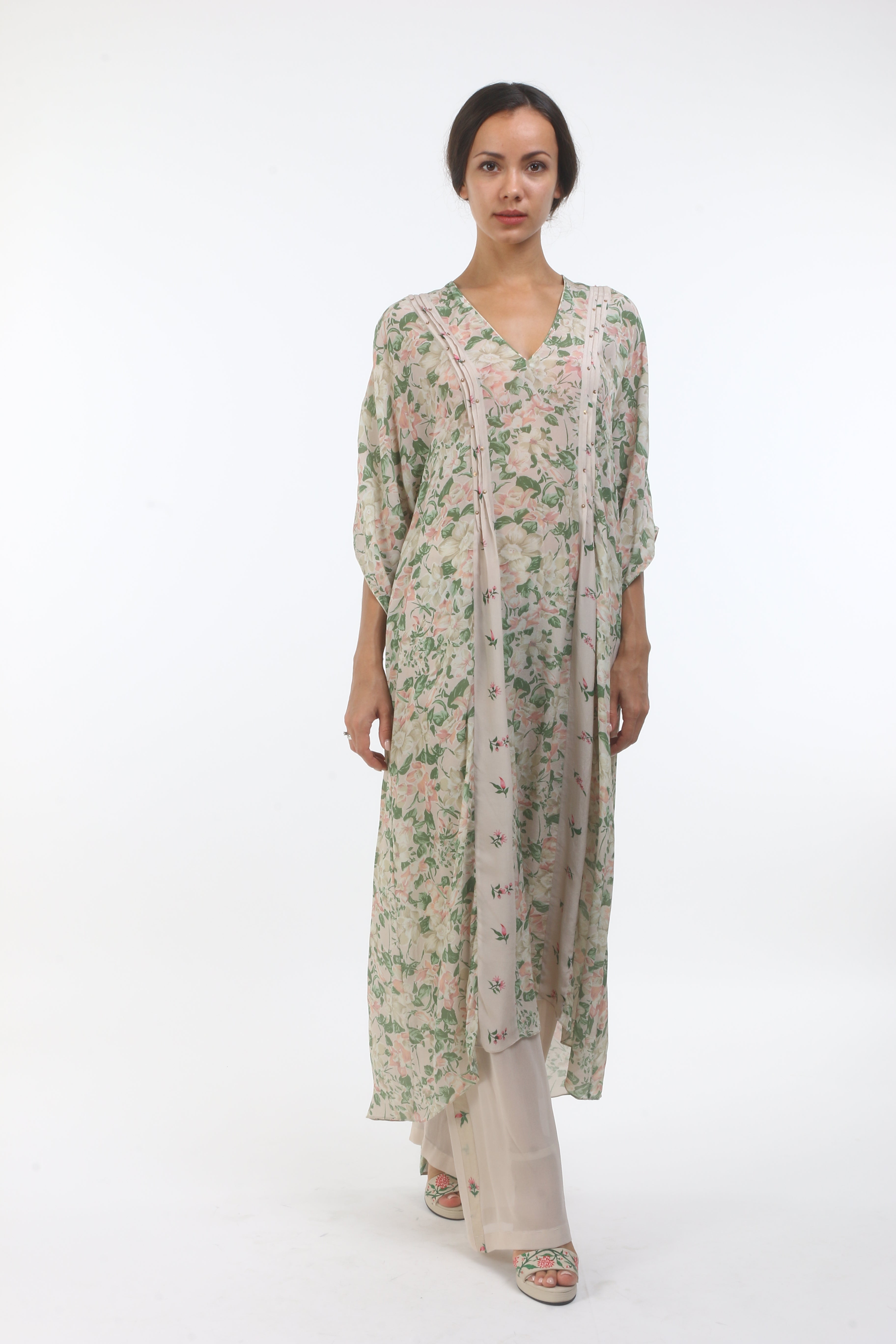 Bloom beige grey bibi jaal printed crepe kaftan with bouquet printed panels & pin tuck details, paired with a pair of straight pants with printed side panels.