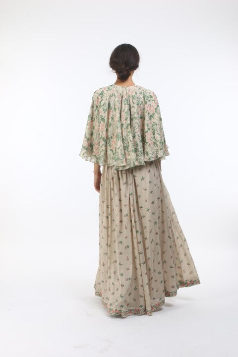 Bloom beige grey bibi jaal printed & flared bell sleeved crepe top with bouquet printed cotton lehenga.
