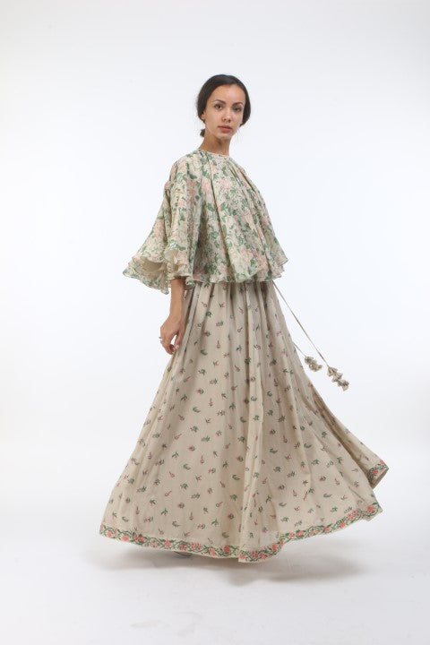 Bloom beige grey bibi jaal printed & flared bell sleeved crepe top with bouquet printed cotton lehenga.